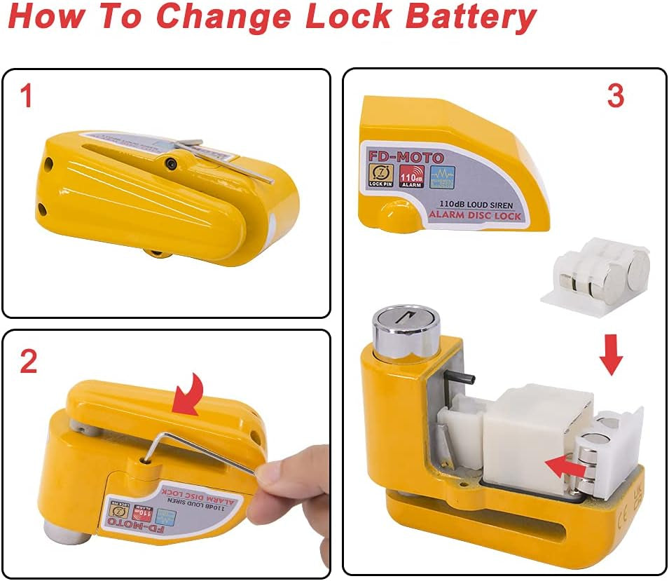 1.2M*10Mm 3KG Steel Motorcycle Chain Lock Padlock + 110Db Yellow Alarmed Motorbike Brake Disc Lock + 1.5M Cable