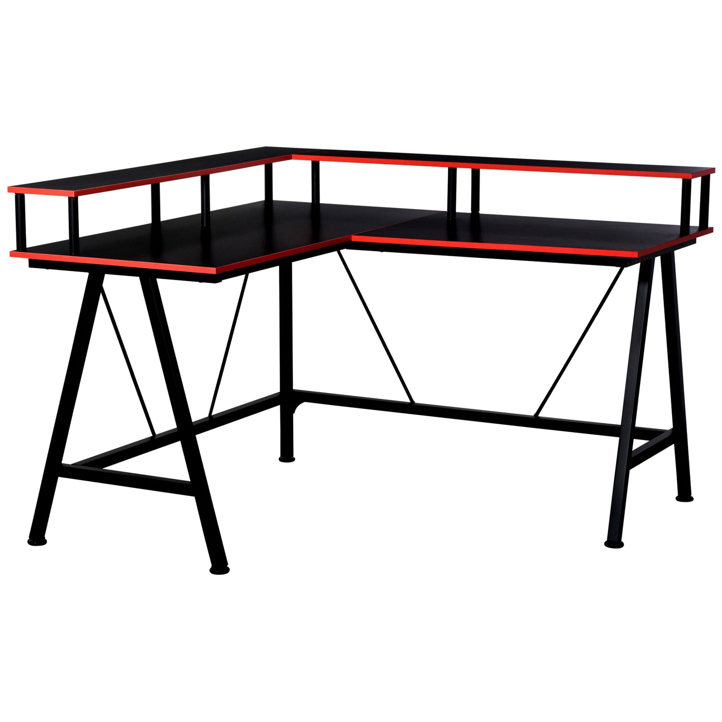 L-Shape Corner Gaming Desk Computer Table with Elevated Monitor Shelf Workstation, Black Red | HOMCOM-7