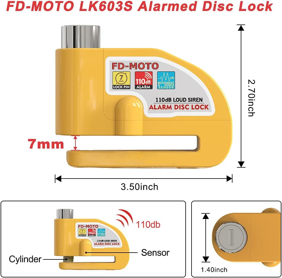 1.2M*10Mm 3KG Steel Motorcycle Chain Lock Padlock + 110Db Yellow Alarmed Motorbike Brake Disc Lock + 1.5M Cable