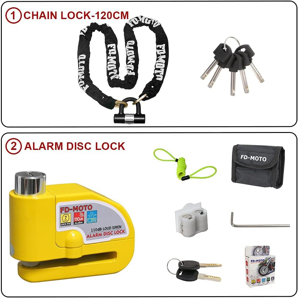 1.2M*10Mm 3KG Steel Motorcycle Chain Lock Padlock + 110Db Yellow Alarmed Motorbike Brake Disc Lock + 1.5M Cable