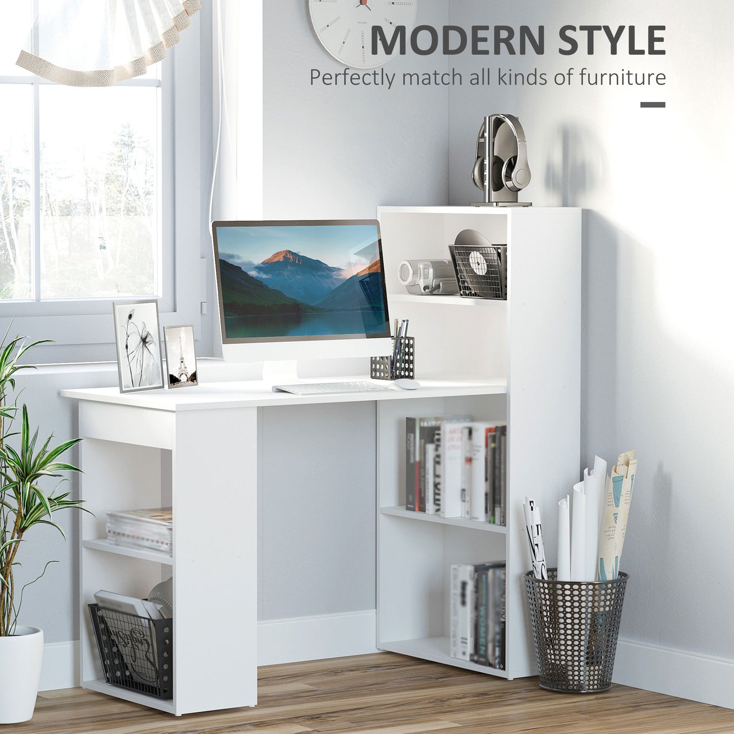 120cm Modern Computer Desk Bookshelf Writing Table Workstation PC Laptop Study Home Office 6 Shelves White | HOMCOM-2