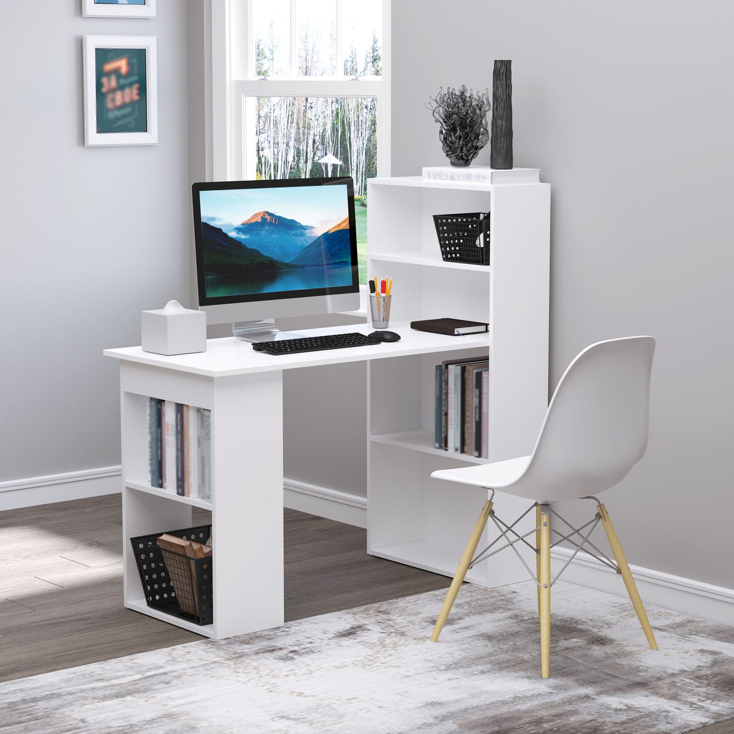 120cm Modern Computer Desk Bookshelf Writing Table Workstation PC Laptop Study Home Office 6 Shelves White | HOMCOM-8