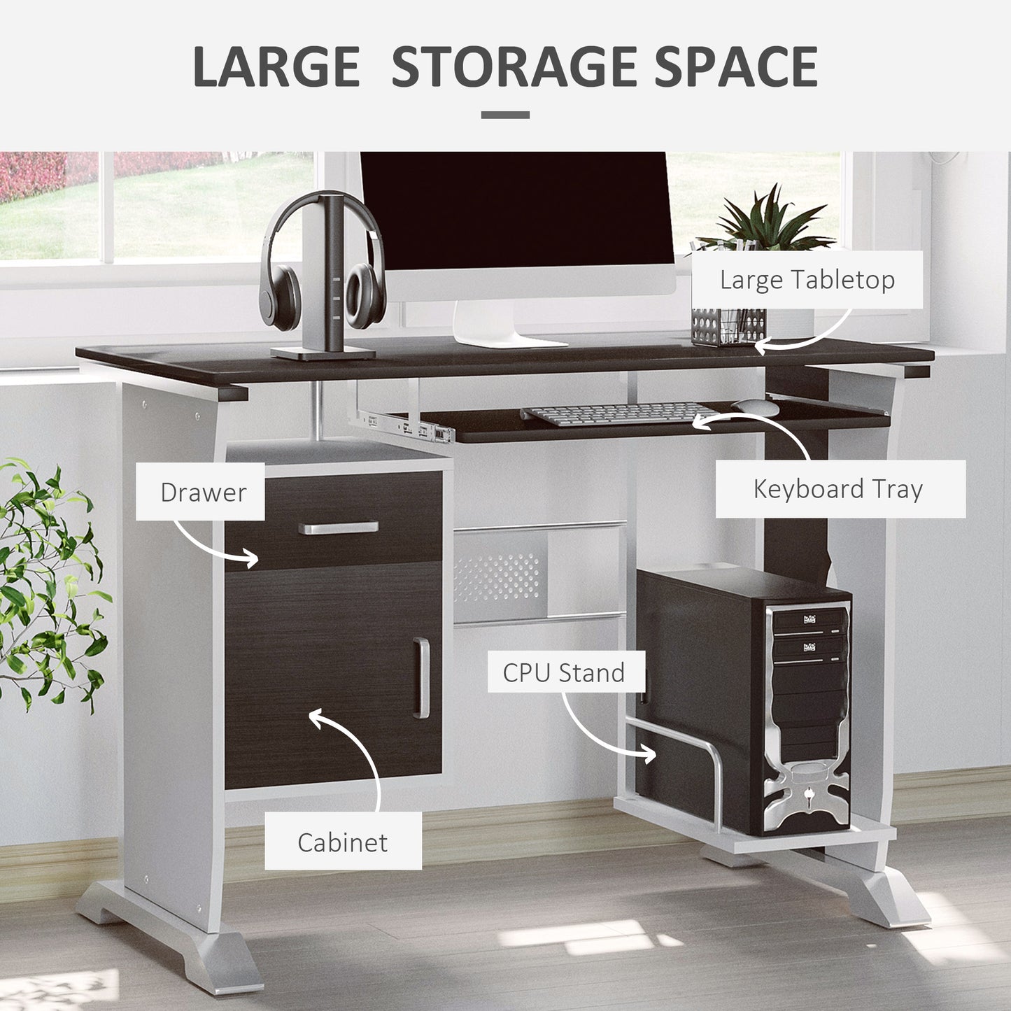 Home Office Workstation Desk, PC Computer Desk with Sliding Keyboard Tray, Storage Drawers, Host Box Shelf, Black Walnut | HOMCOM