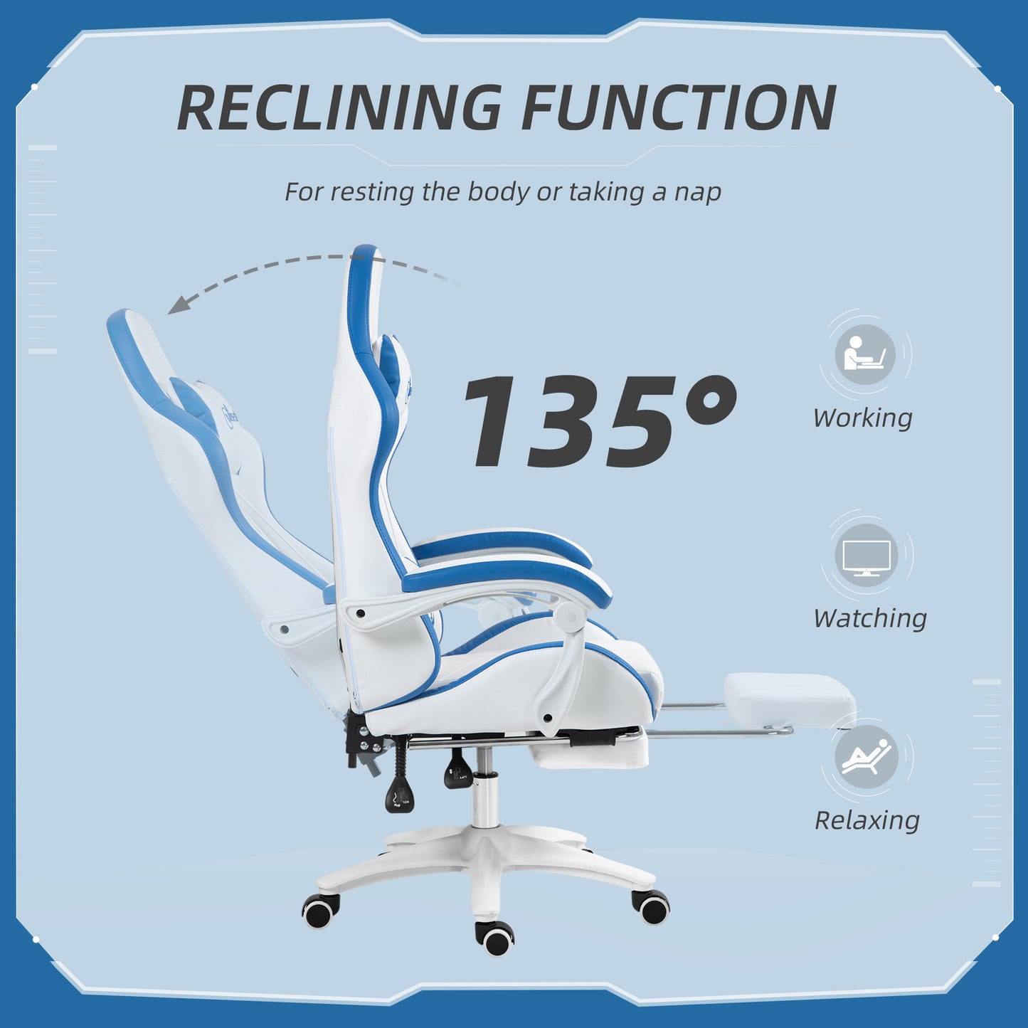 Racing Gaming Chair, Reclining PU Leather Computer Chair w/ 360° Swivel Seat, Footrest, Removable Headrest & Lumber Support in White | Vinsetto-3
