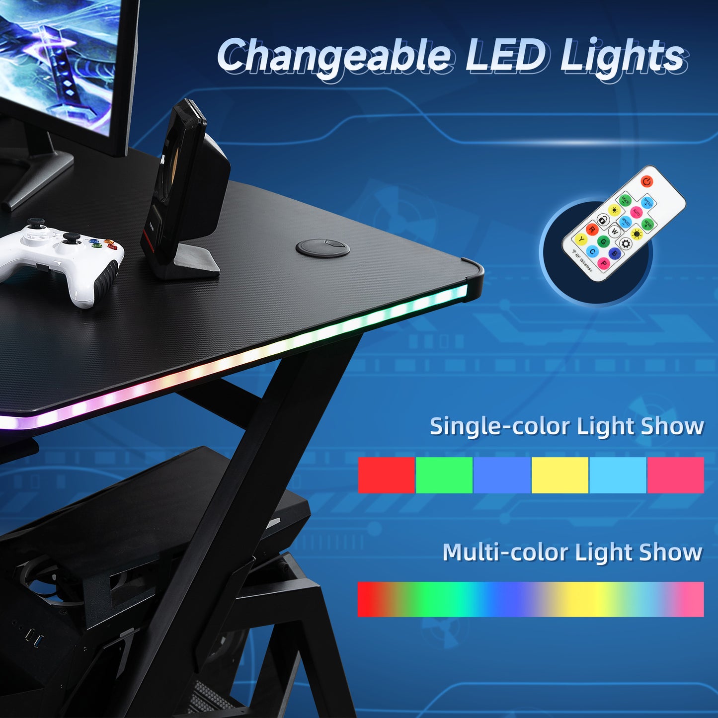 Gaming Desk Racing Style Home Office Ergonomic Computer Table Workstation with RGB LED Lights in Black | HOMCOM-2