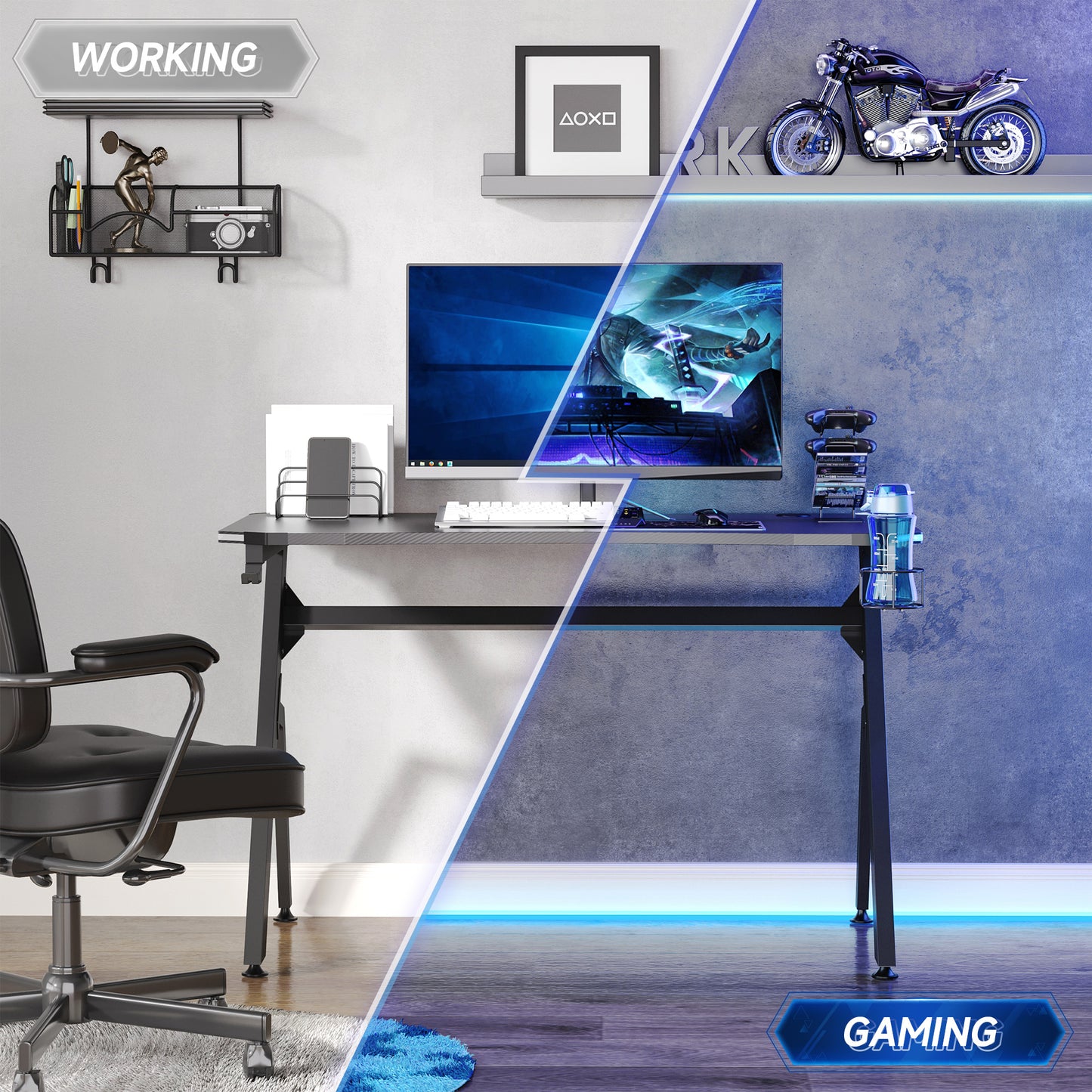 Gaming Desk Racing Style Home Office Ergonomic Computer Table Workstation with RGB LED Lights in Black | HOMCOM-4