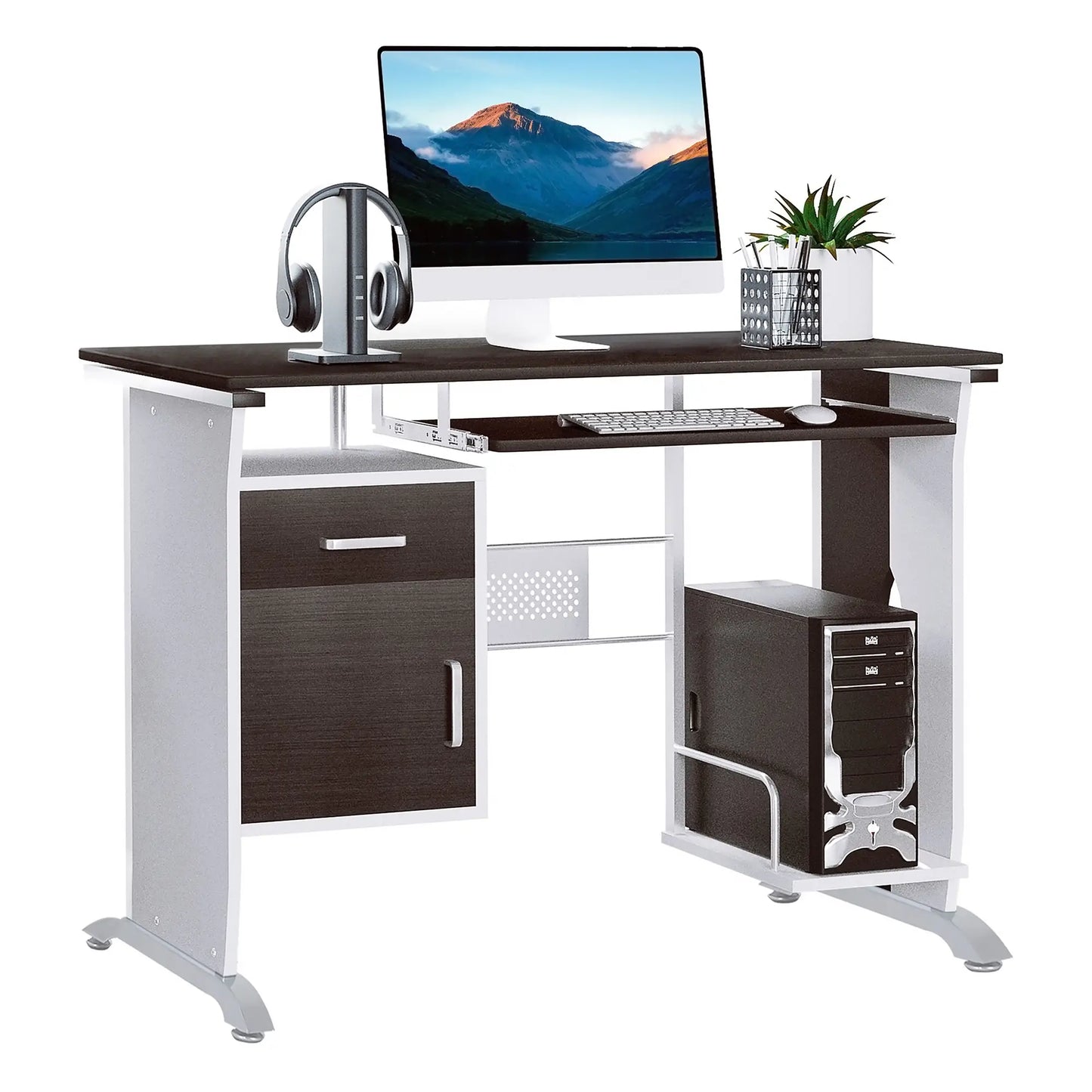 Home Office Workstation Desk, PC Computer Desk with Sliding Keyboard Tray, Storage Drawers, Host Box Shelf, Black Walnut | HOMCOM