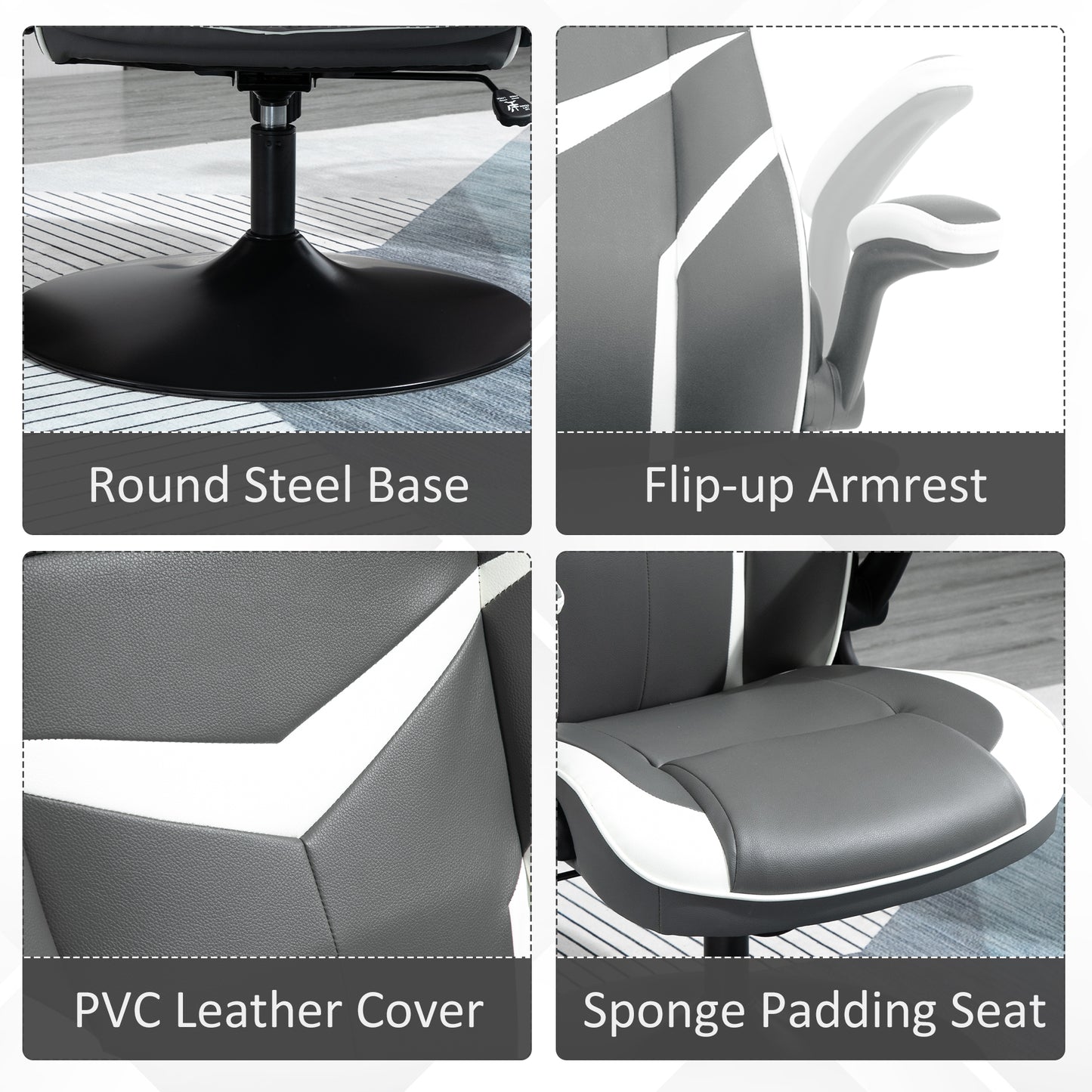 Grey Gaming Computer Desk Chair with Adjustable Height, Swivel Base, PVC Leather Swivel Chair by Vinsetto-4