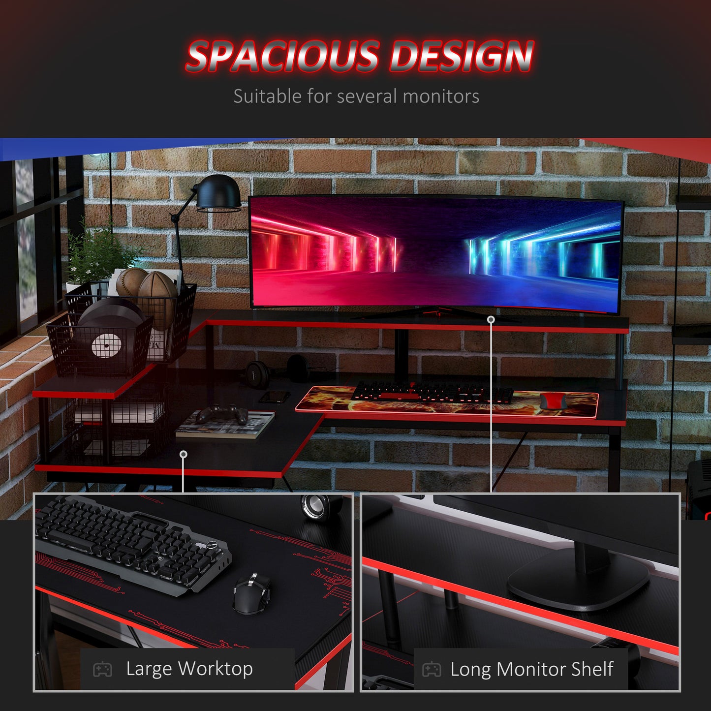L-Shape Corner Gaming Desk Computer Table with Elevated Monitor Shelf Workstation, Black Red | HOMCOM-4