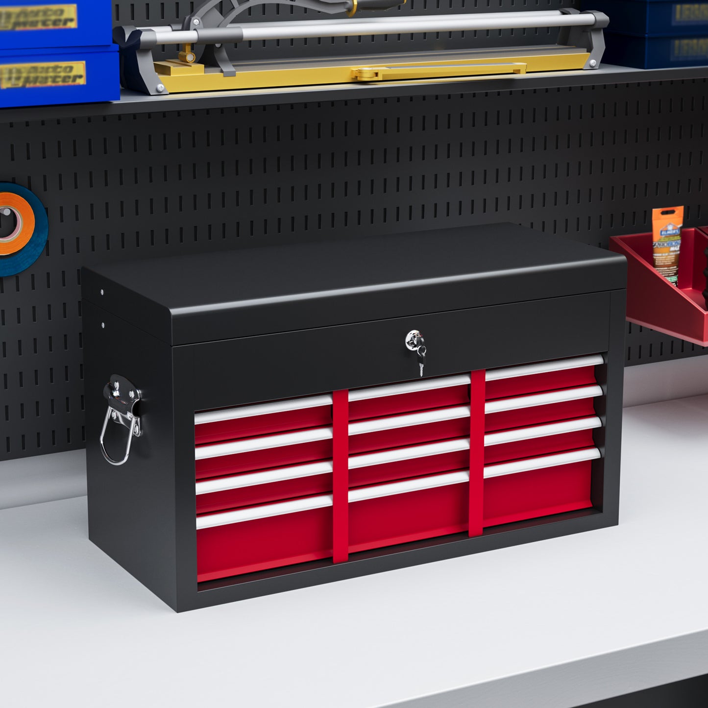 HOMCOM 6 Drawer Tool Chest, Lockable Metal Tool Box with Top Case, Ball Bearing Runners, Portable Toolbox, 600mm x 260mm x 340mm, Red