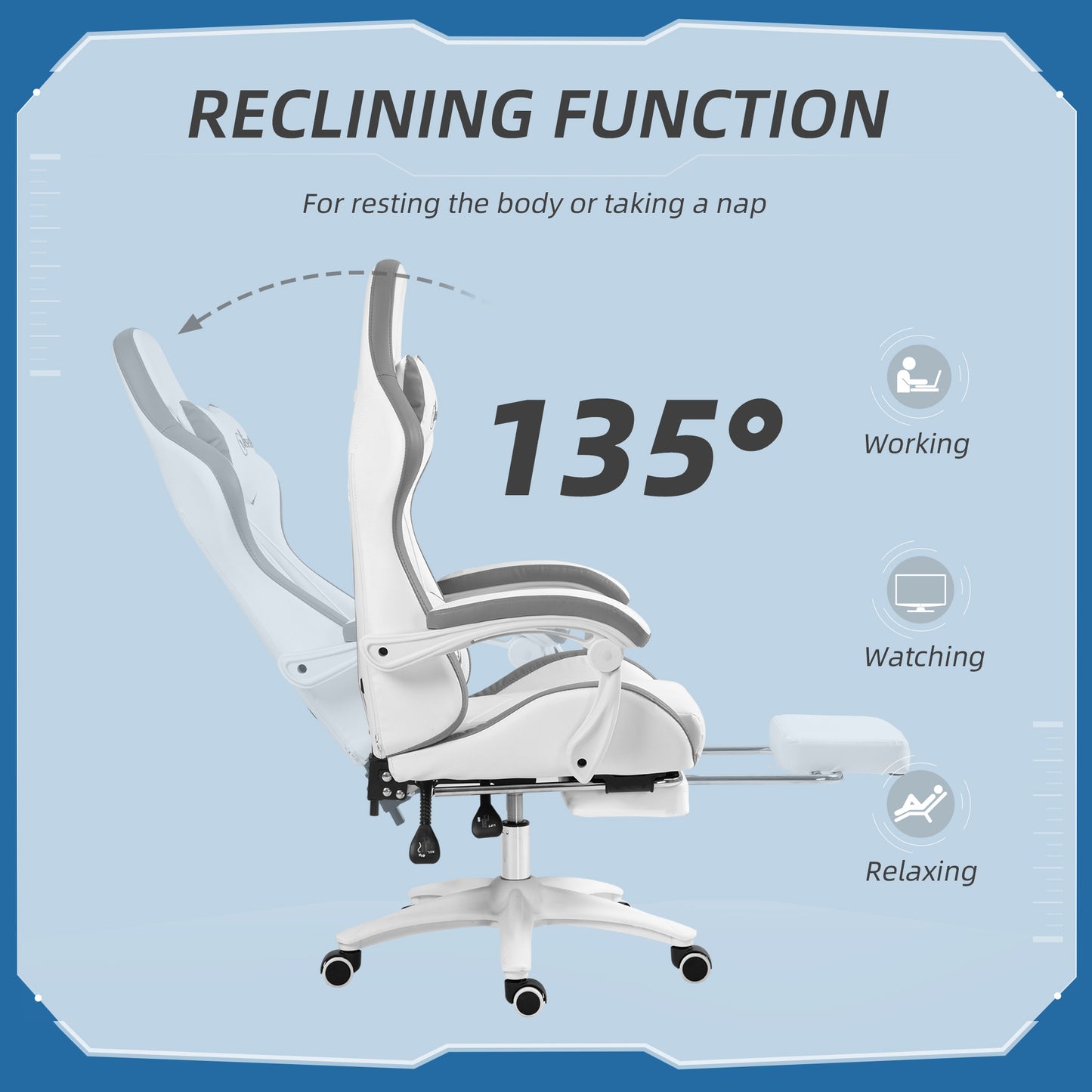 Racing Gaming Chair, Reclining PU Leather Computer Chair w/ 360 Degree Swivel Seat, Footrest, Headrest & Lumber, White | Vinsetto-3