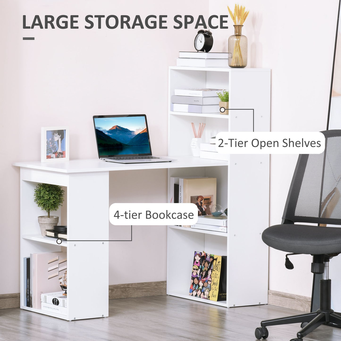 120cm Modern Computer Desk Bookshelf Writing Table Workstation PC Laptop Study Home Office 6 Shelves White | HOMCOM-3