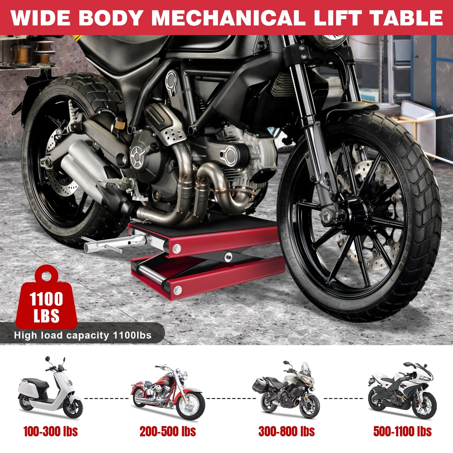 1100LBS Motorcycle Jack Center Scissor Lift Motorcycle Repair Lift Jack with Wide Deck&Handle,Heavy Duty Motorcycle Repair Tool