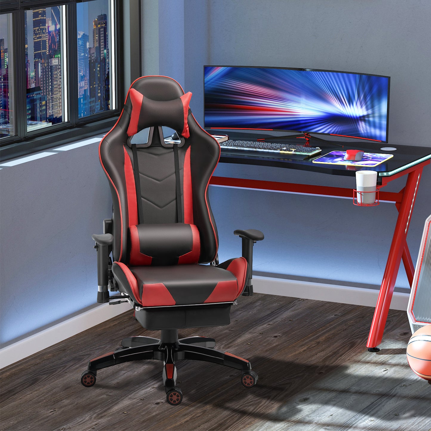 High-Back Gaming Chair Swivel Home Office Computer Racing Gamer Recliner Chair Faux Leather with Footrest, Wheels, Red Black | HOMCOM-8