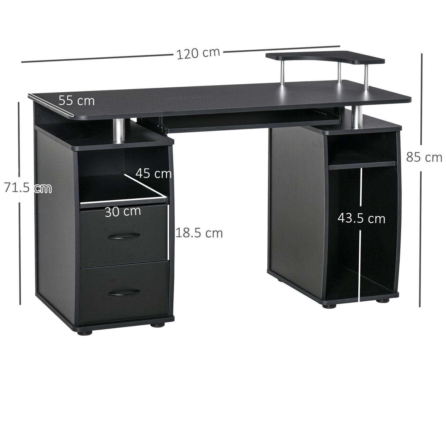 Computer Desk Office PC Table Workstation with Keyboard Tray, CPU Shelf, Drawers, Sliding Scanner Shelf in Black | HOMCOM-1