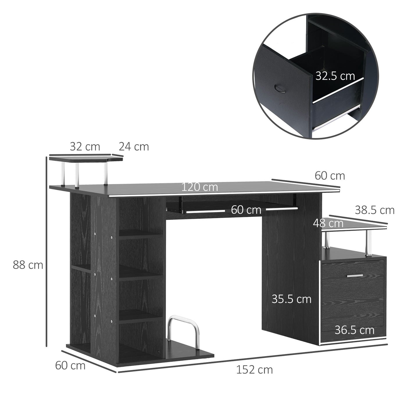 Computer Desk PC Workstation with Drawer Shelves CPU Storage Rack for Home or Office in BLACK | HOMCOM-1
