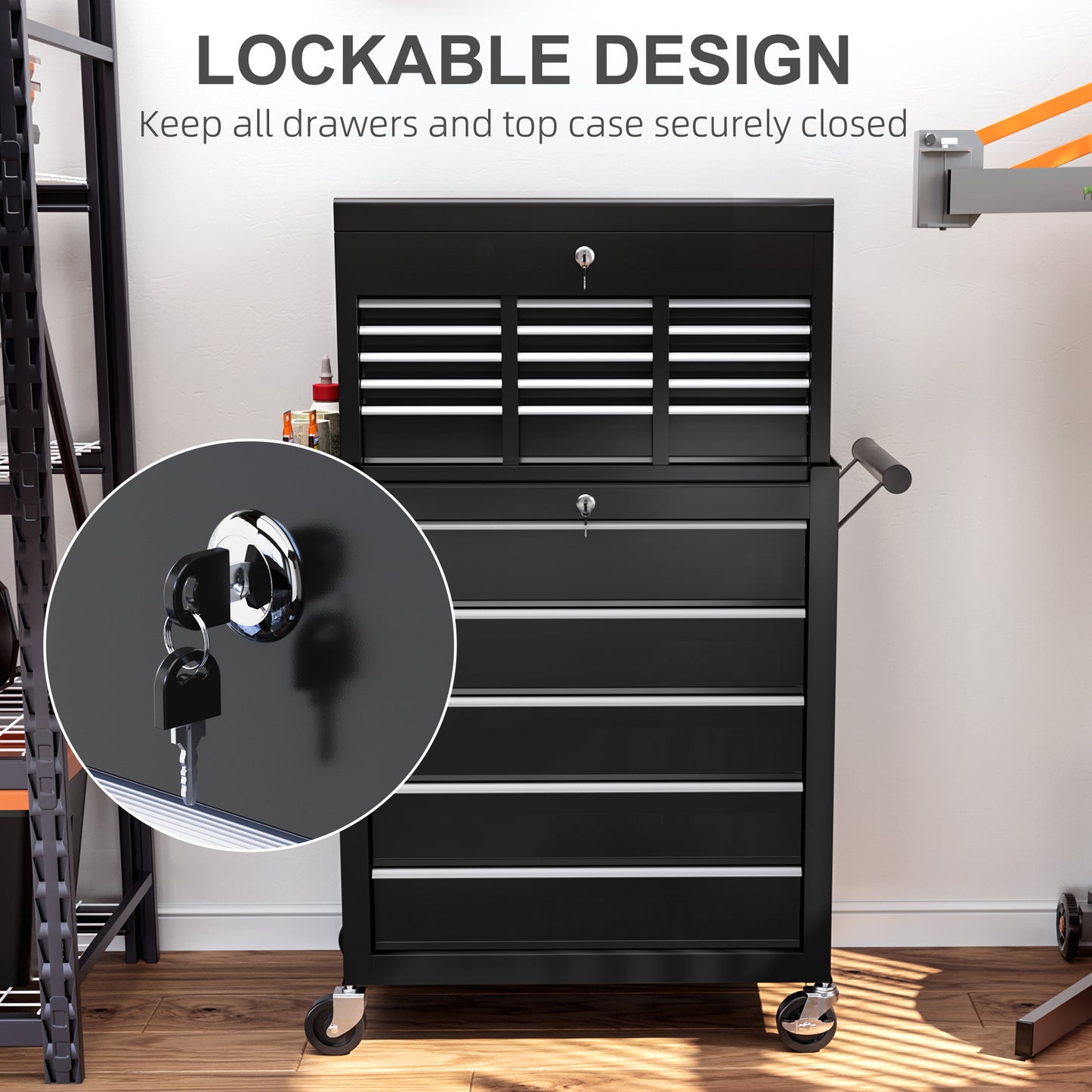 Rolling Tool Cabinet on Wheels w/ 14 Drawers, Pegboard & Side Rack, Lockable Top Tool Chest, Roller Cabinet Combo for Workshop, Home | HOMCOM