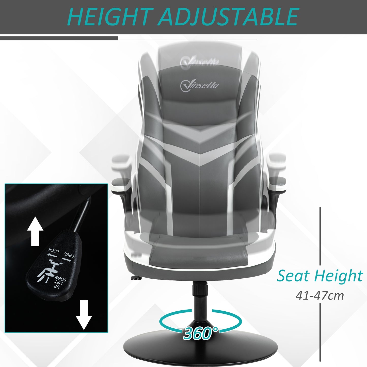 Grey Gaming Computer Desk Chair with Adjustable Height, Swivel Base, PVC Leather Swivel Chair by Vinsetto-2