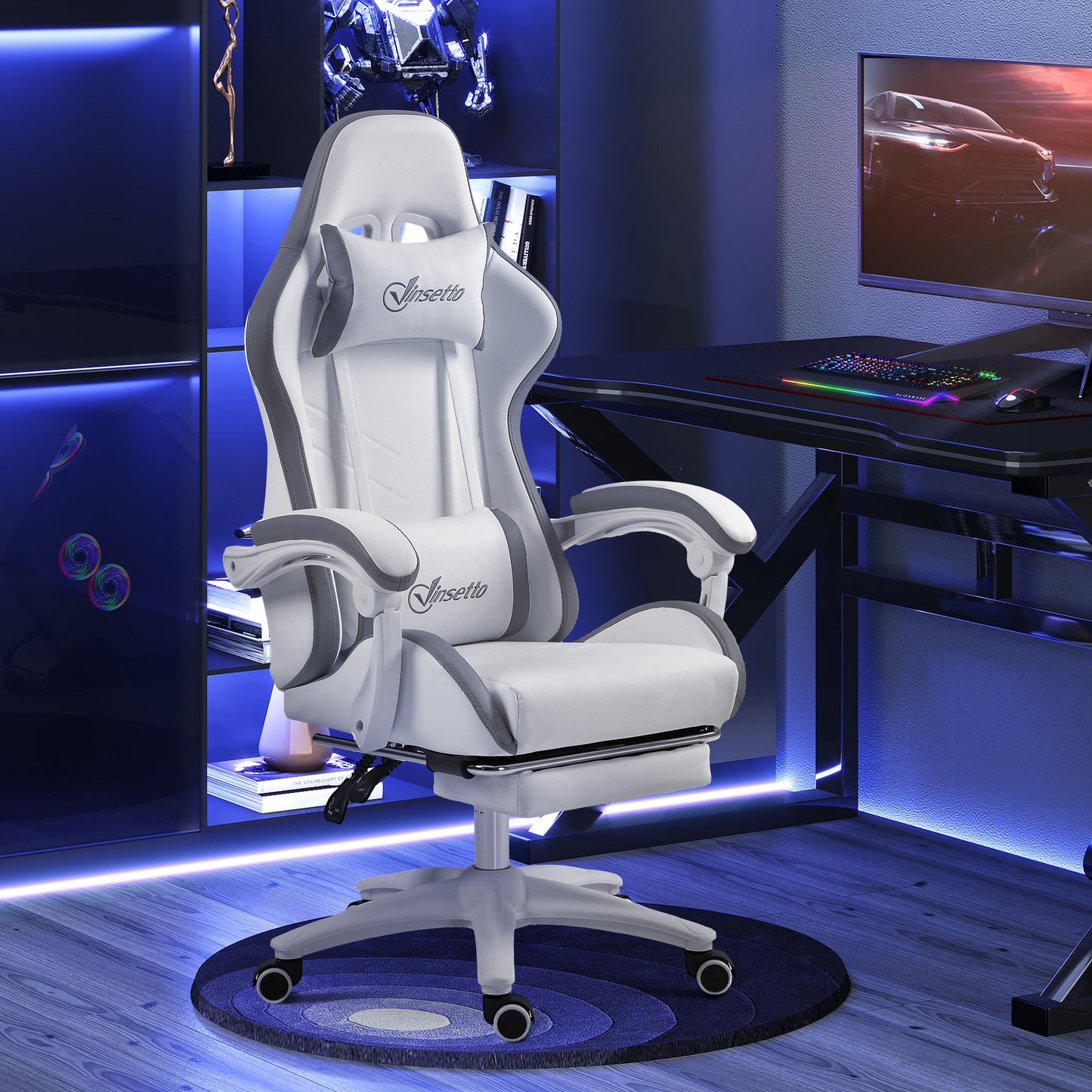 Racing Gaming Chair, Reclining PU Leather Computer Chair w/ 360 Degree Swivel Seat, Footrest, Headrest & Lumber, White | Vinsetto-8