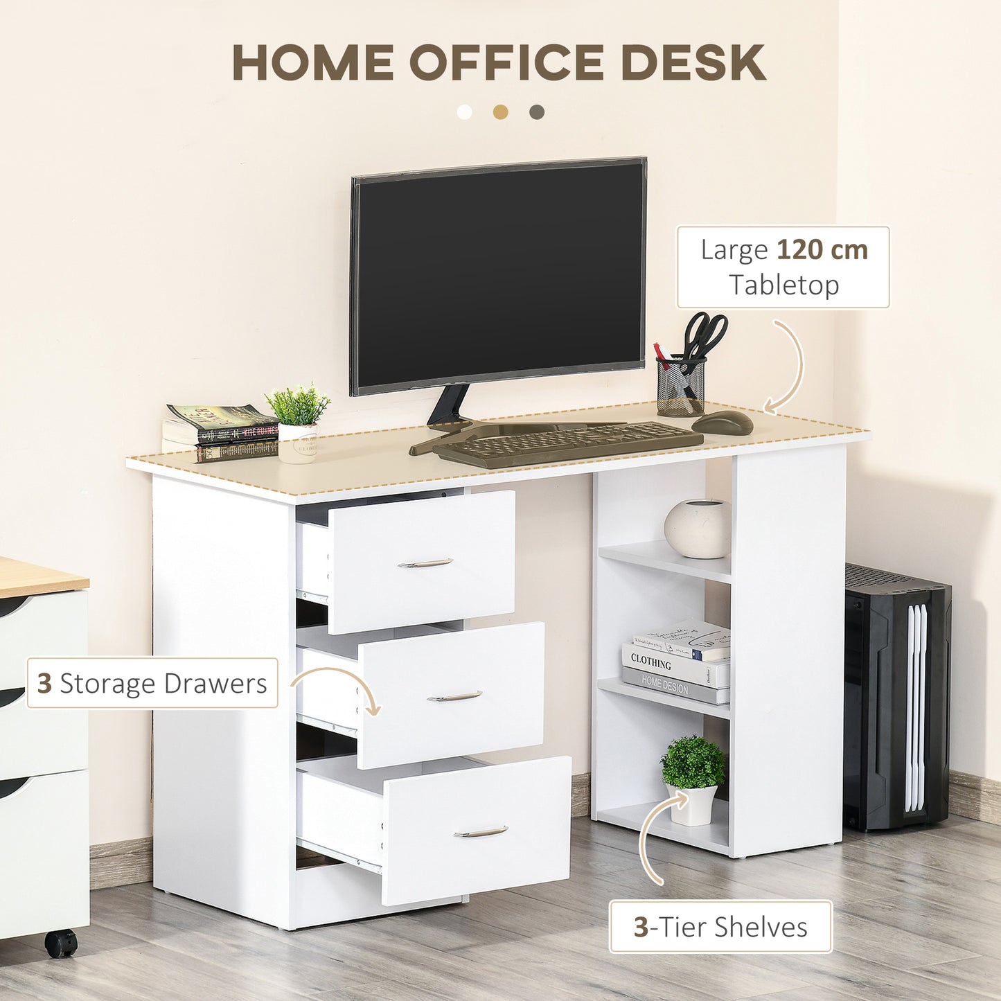 120cm Computer Desk Writing Table PC Workstation Study Laptop Stationery w/ 3 Shelf & Drawers White by HOMCOM-2