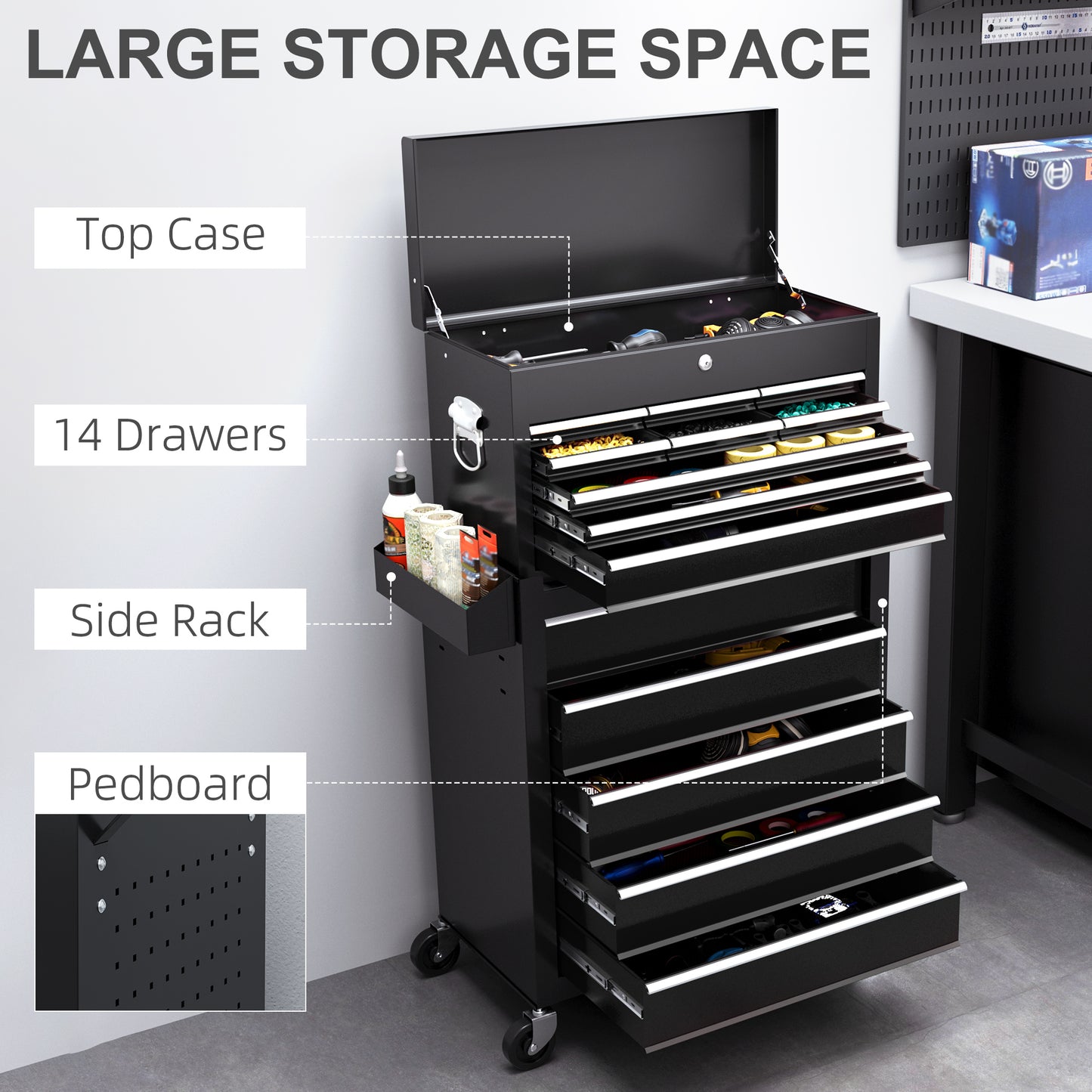 Rolling Tool Cabinet on Wheels w/ 14 Drawers, Pegboard & Side Rack, Lockable Top Tool Chest, Roller Cabinet Combo for Workshop, Home | HOMCOM