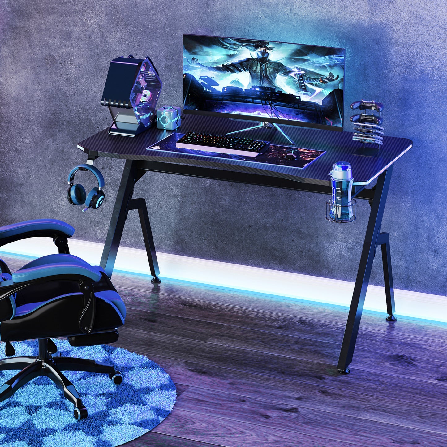 Gaming Desk Racing Style Home Office Ergonomic Computer Table Workstation with RGB LED Lights in Black | HOMCOM-8