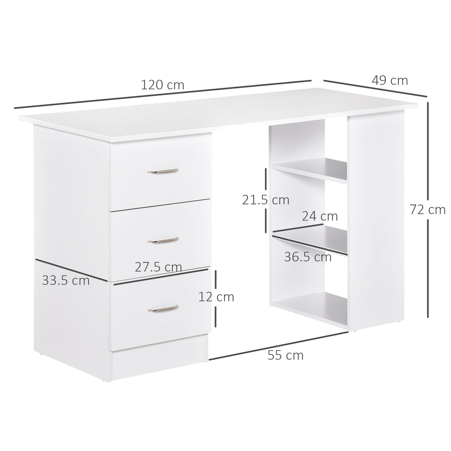 120cm Computer Desk Writing Table PC Workstation Study Laptop Stationery w/ 3 Shelf & Drawers White by HOMCOM-1
