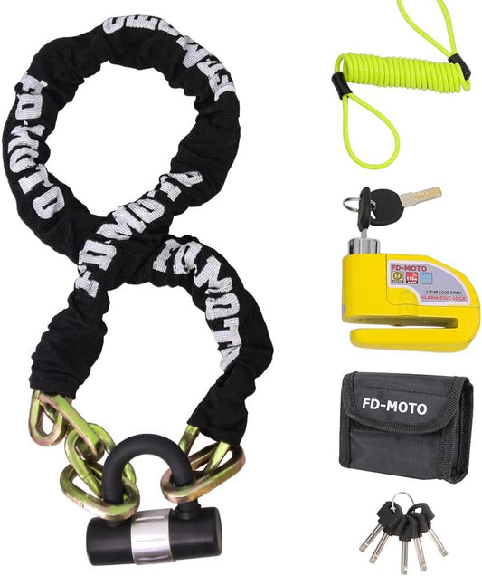1.2M*10Mm 3KG Steel Motorcycle Chain Lock Padlock + 110Db Yellow Alarmed Motorbike Brake Disc Lock + 1.5M Cable