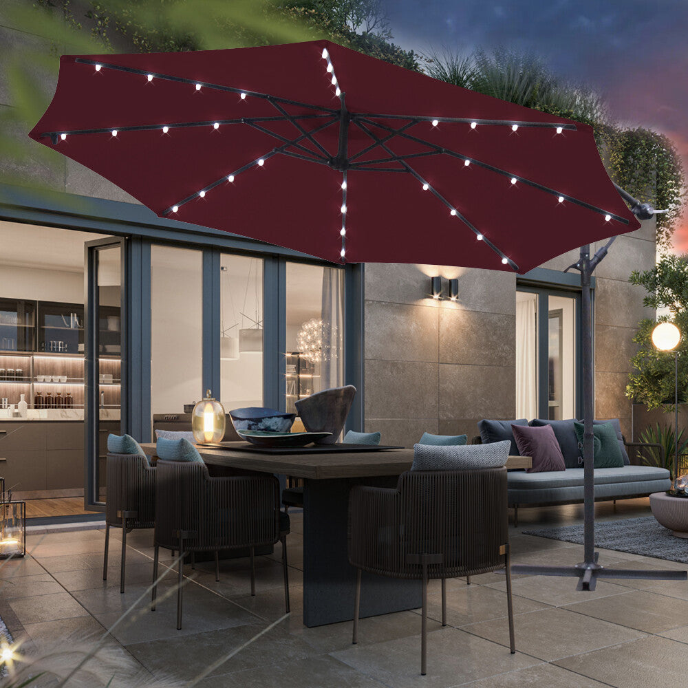 3M LED Patio Garden Banana Hanging Umbrella Sun Shade Cantilever Parasol Wine
