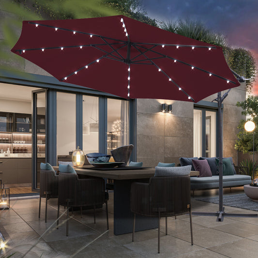 3M LED Patio Garden Banana Hanging Umbrella Sun Shade Cantilever Parasol Wine