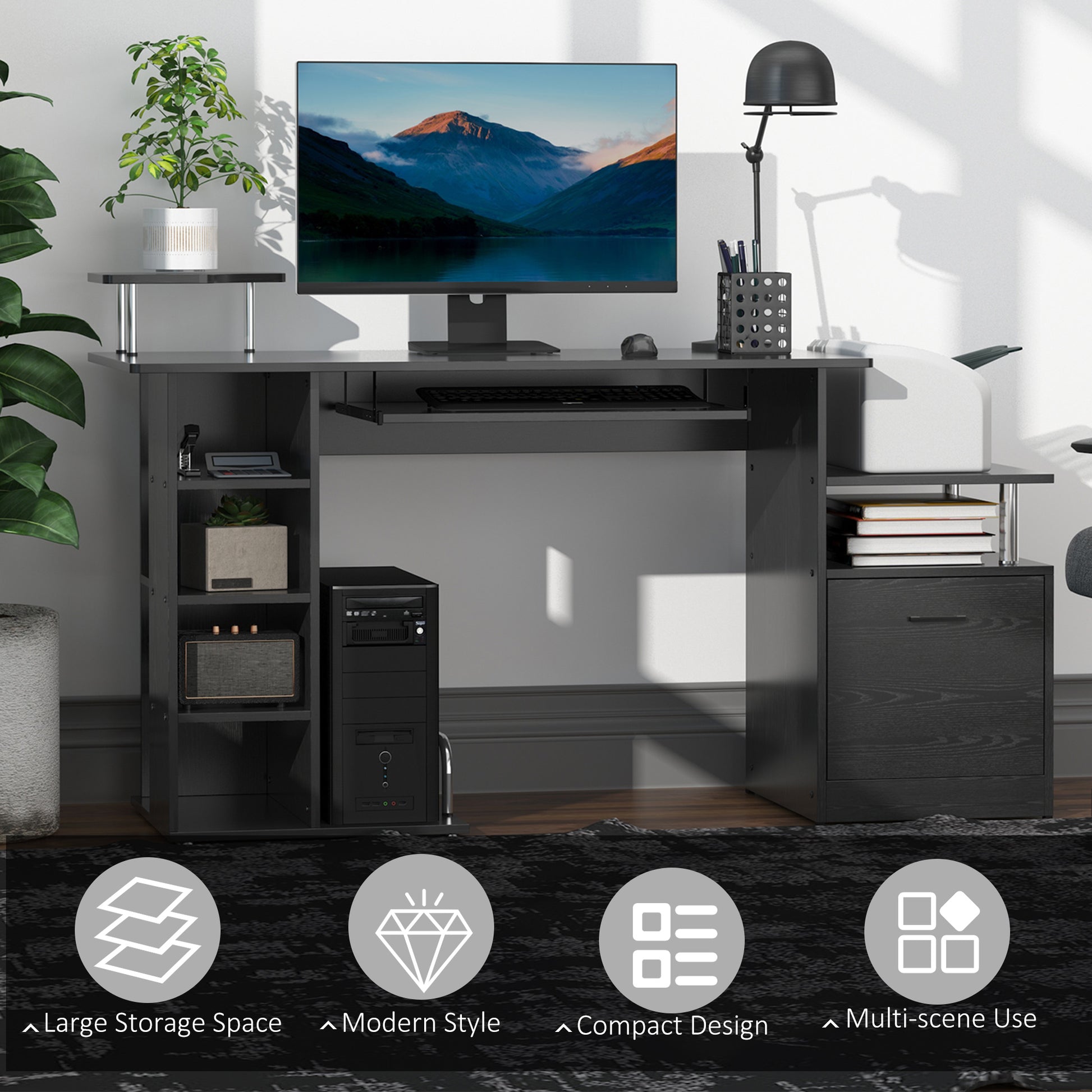 Computer Desk PC Workstation with Drawer Shelves CPU Storage Rack for Home or Office in BLACK | HOMCOM-4