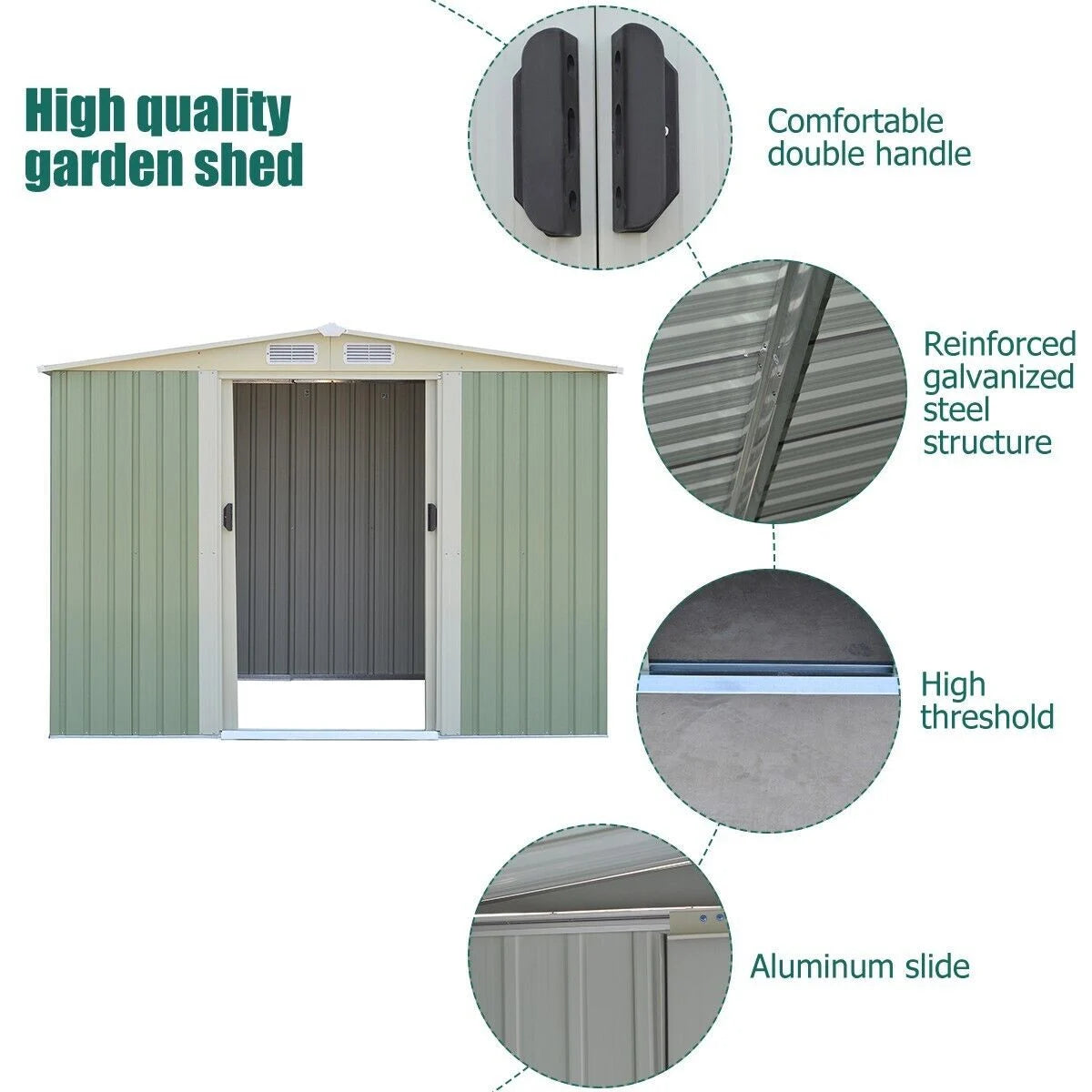 Metal Storage Shed with Sloping Roof Sliding Doors and Air Vents