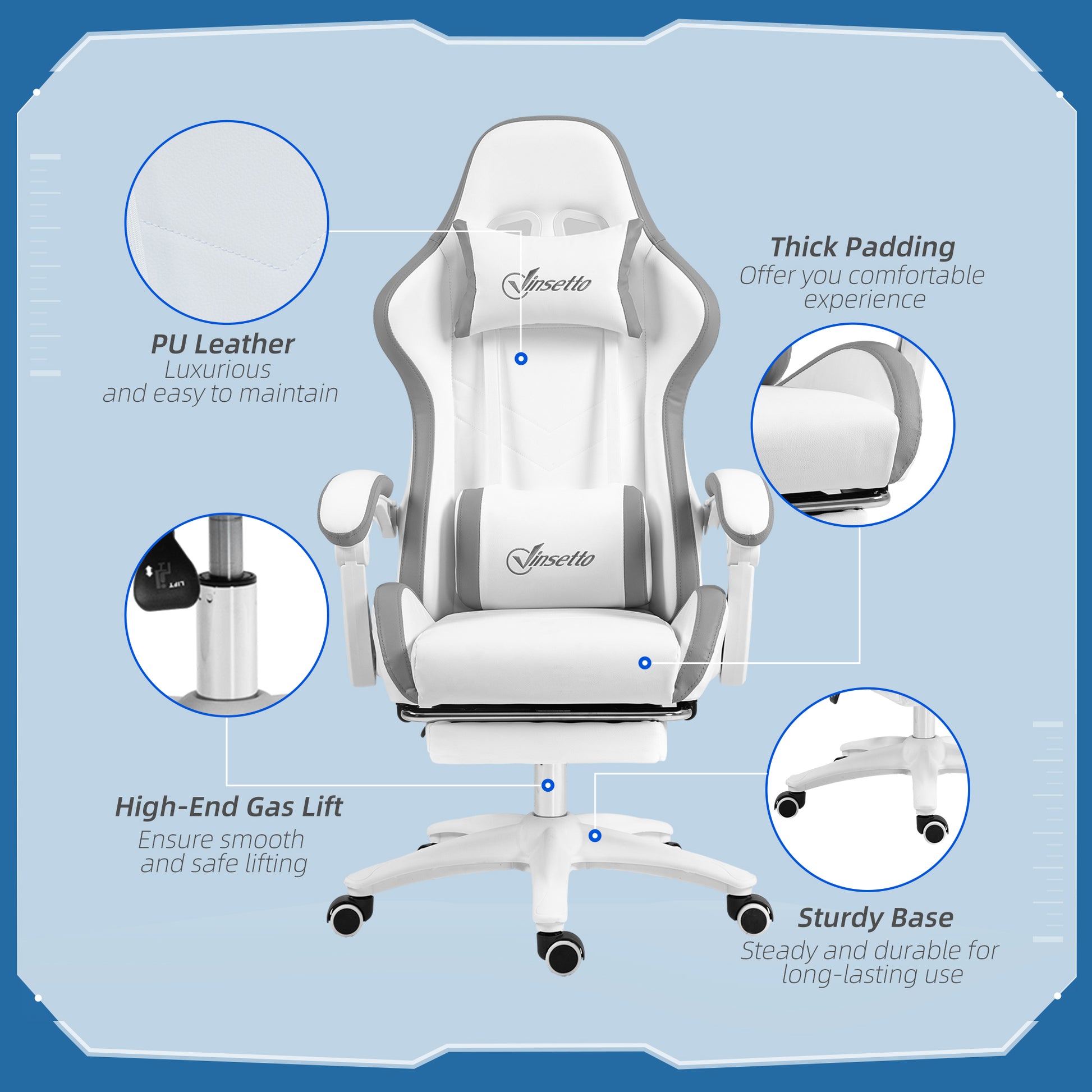 Racing Gaming Chair, Reclining PU Leather Computer Chair w/ 360 Degree Swivel Seat, Footrest, Headrest & Lumber, White | Vinsetto-5