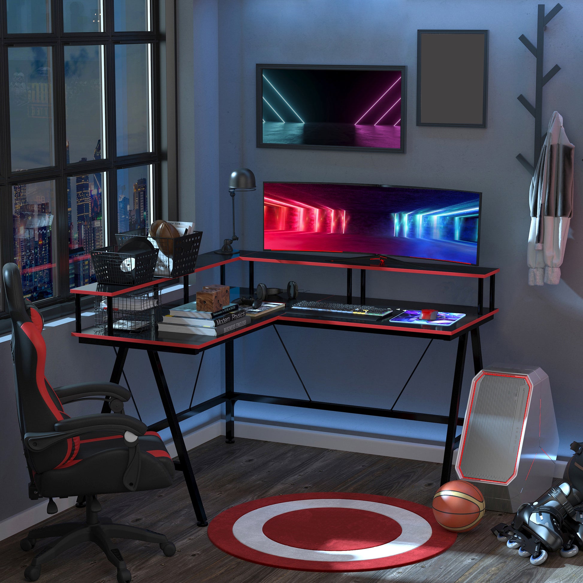 L-Shape Corner Gaming Desk Computer Table with Elevated Monitor Shelf Workstation, Black Red | HOMCOM-8