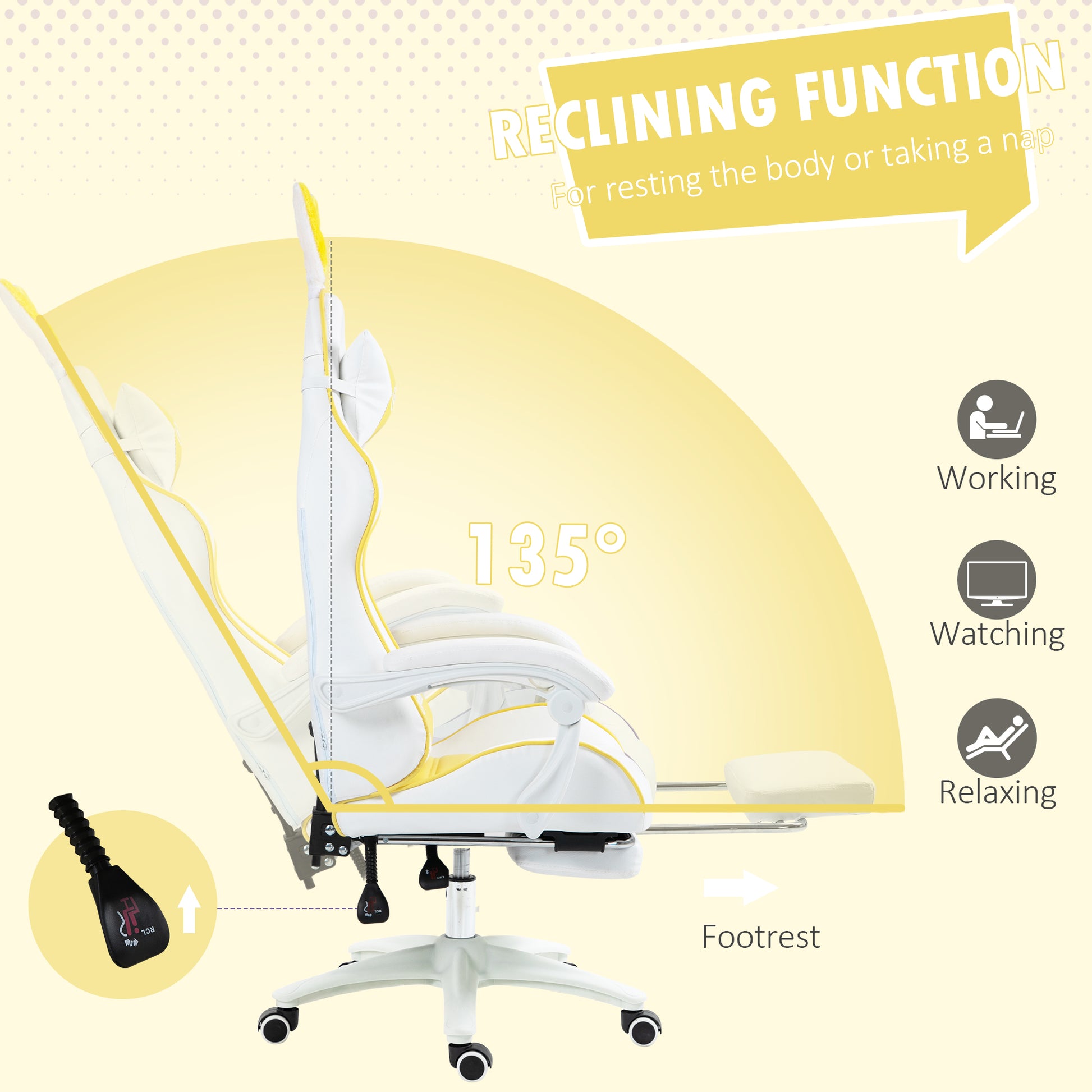 Racing Gaming Chair, Reclining PU Leather Computer Chair with Removable Rabbit Ears, Footrest, Headrest and Lumber Support, Yellow | Vinsetto-4