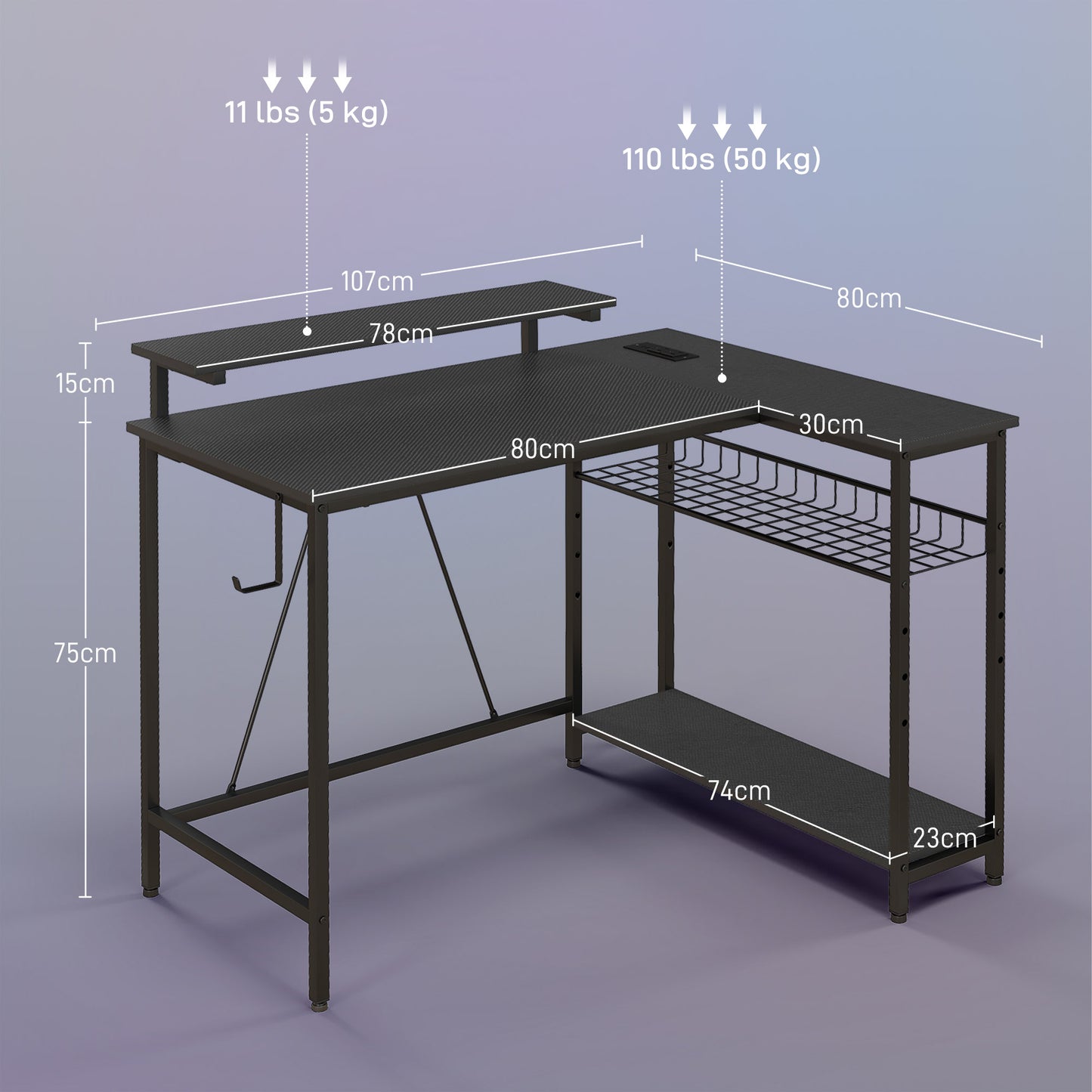 HOMCOM Reversible 'L' LED Light Gaming/Work Desk in Black-1