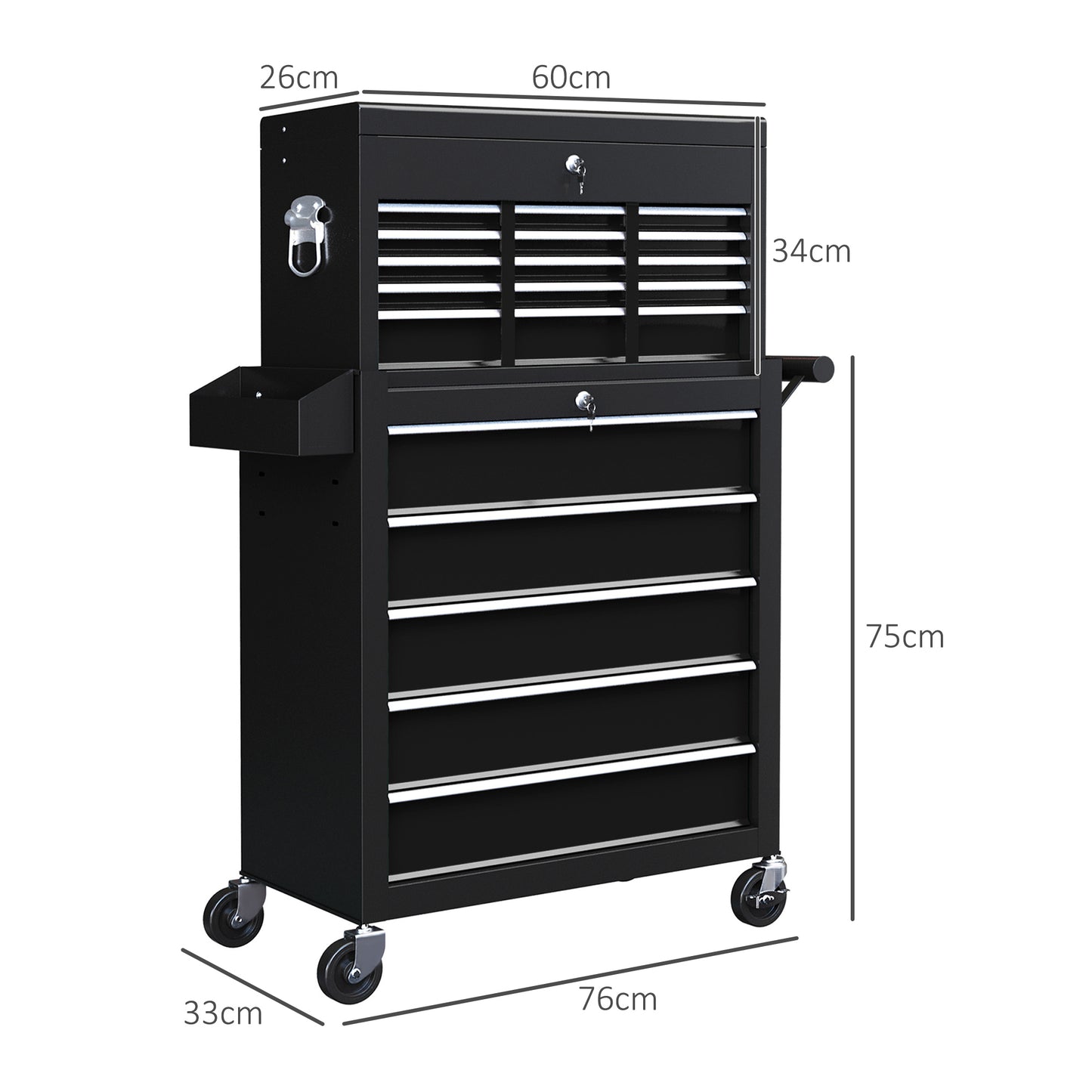 Rolling Tool Cabinet on Wheels w/ 14 Drawers, Pegboard & Side Rack, Lockable Top Tool Chest, Roller Cabinet Combo for Workshop, Home | HOMCOM