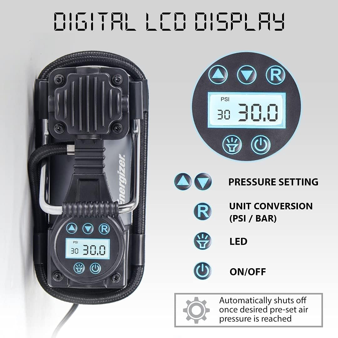 Air Compressor Portable Tire Inflator, 12V DC Air Pump for Car Tires with Digital Tire Pressure Gauge, 120 Max PSI, Preset Pressure Feature, LED, Digital Display - Includes Storage Bag