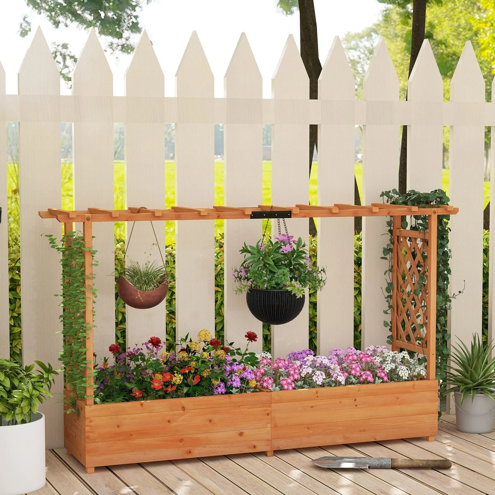 Raised Garden Bed with 2-Sided Trellis and Hanging Roof