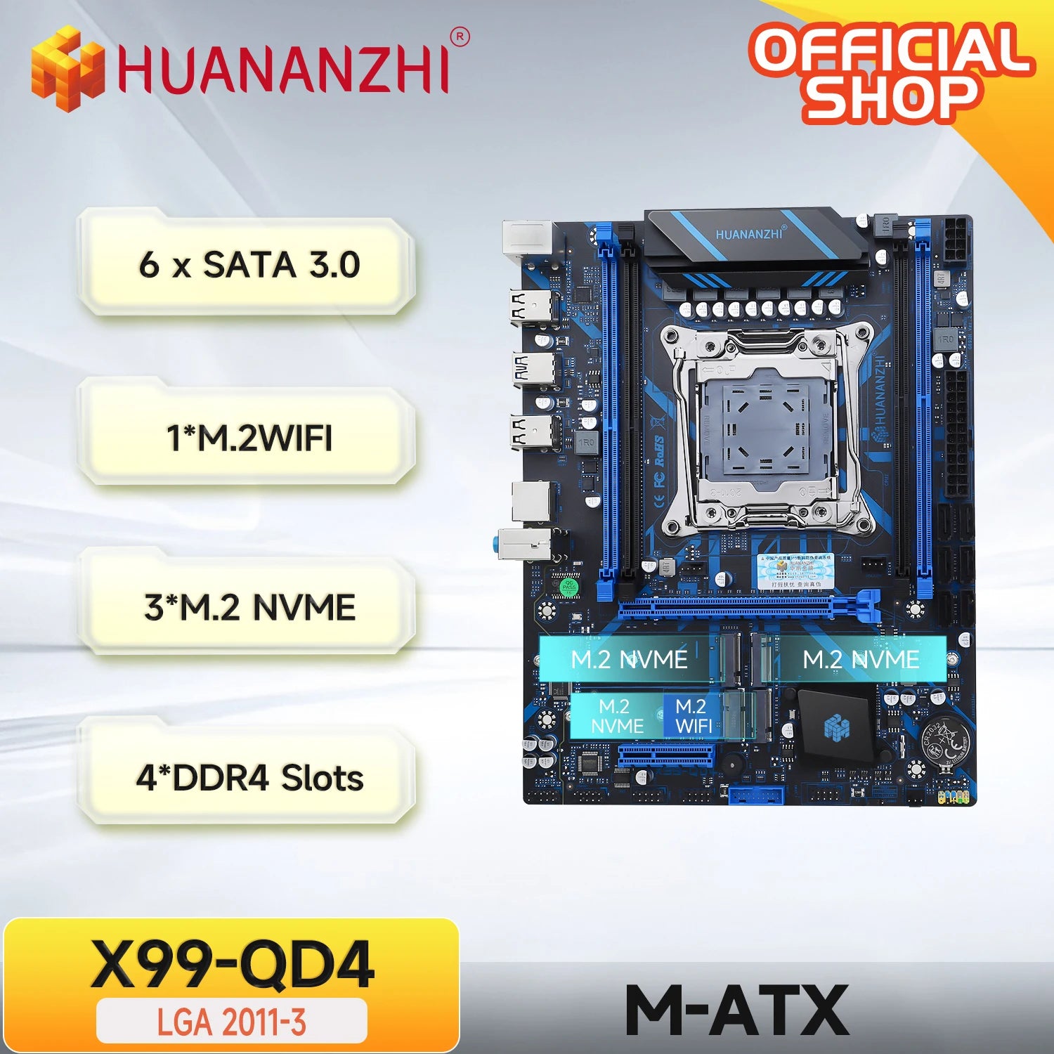 X99 QD4 LGA 2011-3 XEON X99 Motherboard Intel E5 2640 2666 2670 2696 V3 V4 Support DDR4 RECC NON-ECC Memory NVME SATA