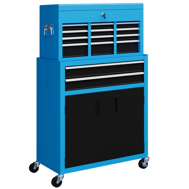 HOMCOM Portable Tool Box, Metal Tool Chest on Wheels with 6 Drawers for Garage and Workshop in Blue