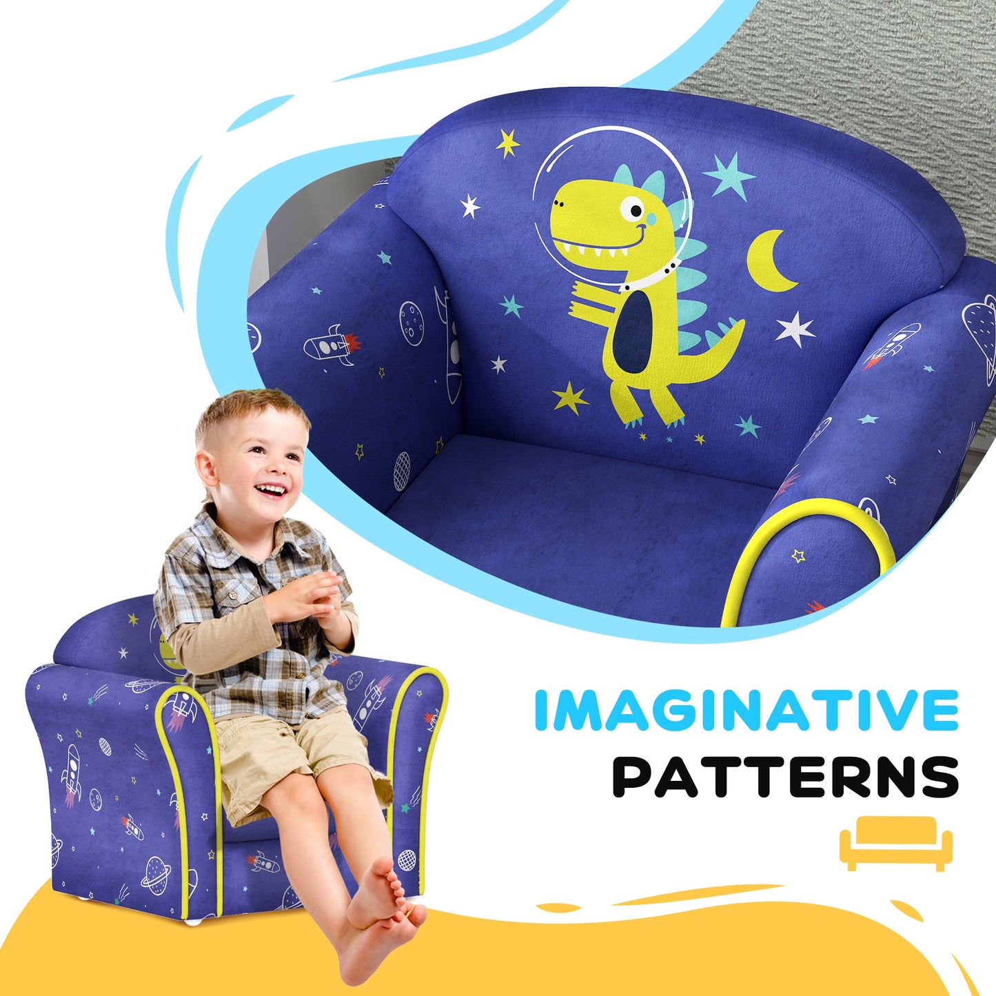 Kids Sofa Kids Couch Armchair with Stylish Planet and Dinosaurs Design, Wooden Frame, for Bedroom, Playroom, Kids Room, Pink | AIYAPLAY