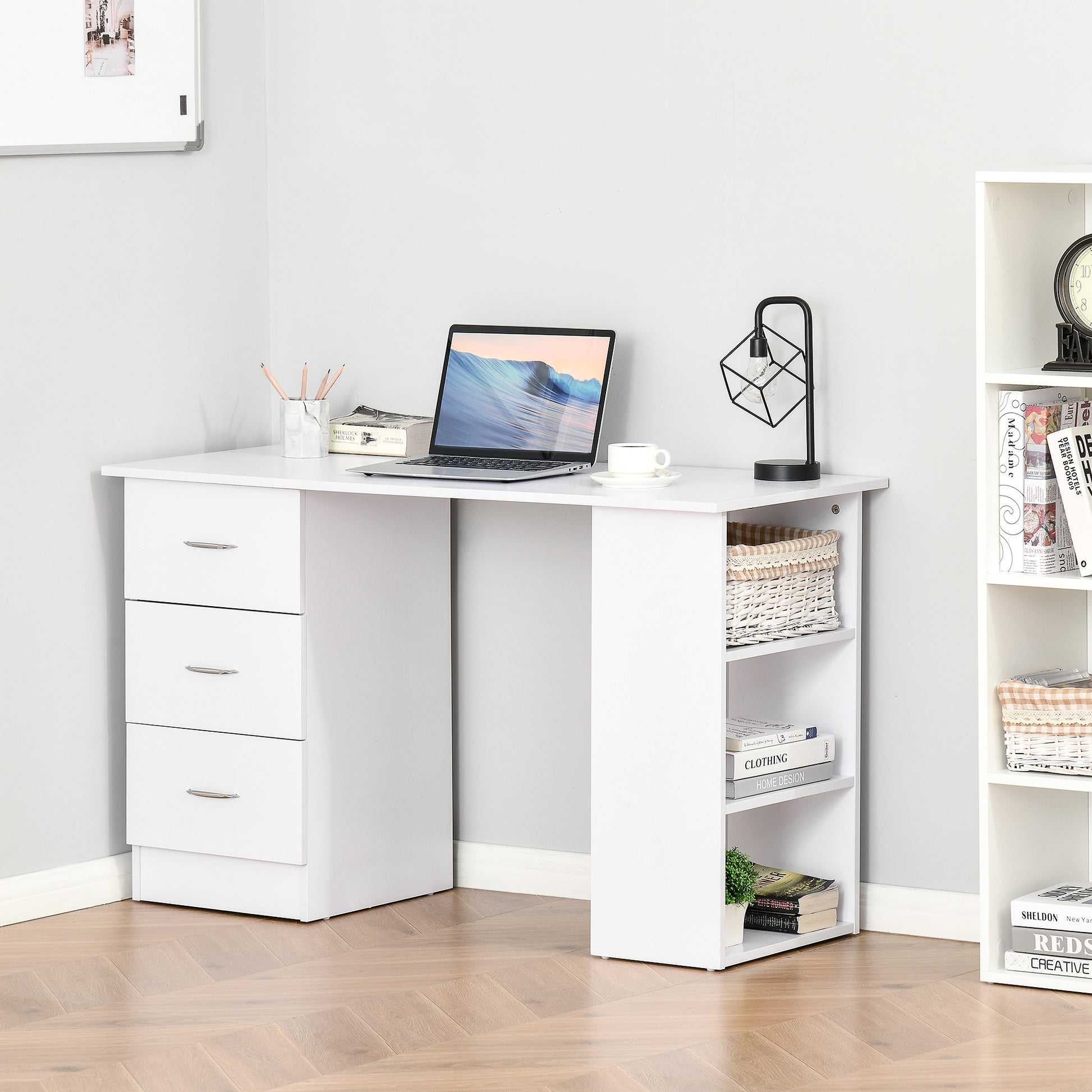 120cm Computer Desk Writing Table PC Workstation Study Laptop Stationery w/ 3 Shelf & Drawers White by HOMCOM-8