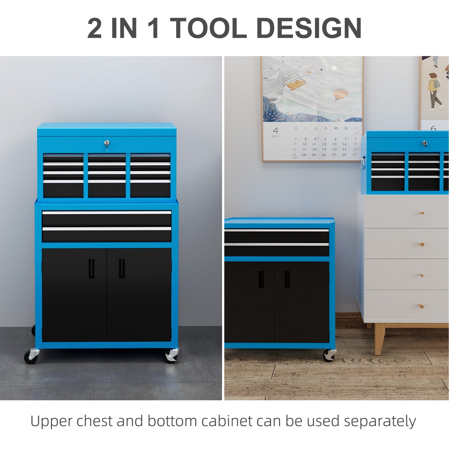 HOMCOM Portable Tool Box, Metal Tool Chest on Wheels with 6 Drawers for Garage and Workshop in Blue