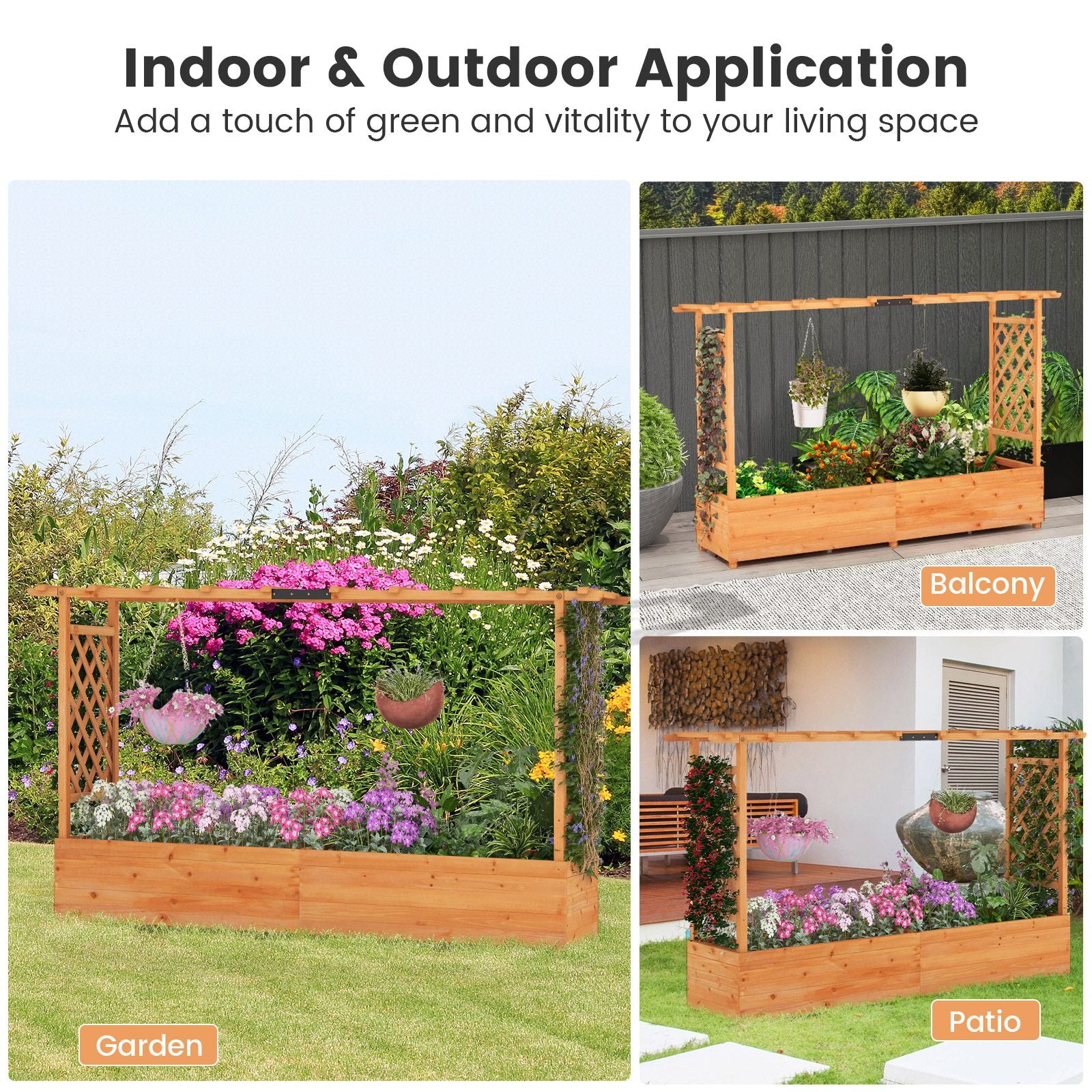 Raised Garden Bed with 2-Sided Trellis and Hanging Roof