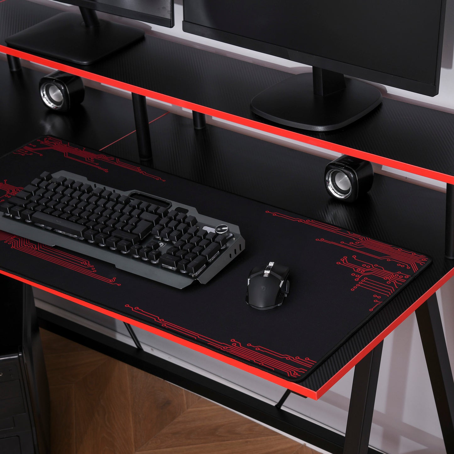 L-Shape Corner Gaming Desk Computer Table with Elevated Monitor Shelf Workstation, Black Red | HOMCOM-6