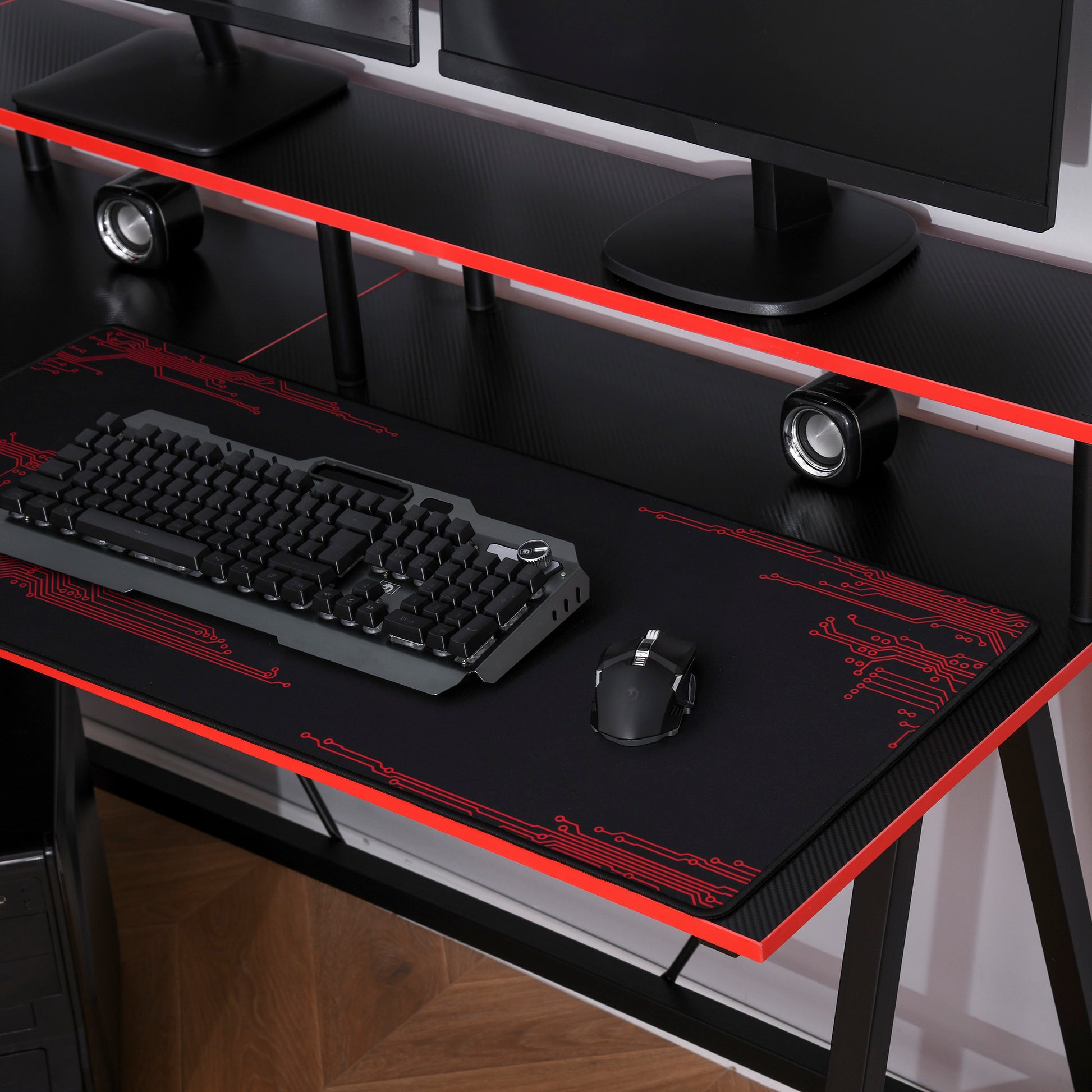 L-Shape Corner Gaming Desk Computer Table with Elevated Monitor Shelf Workstation, Black Red | HOMCOM-6