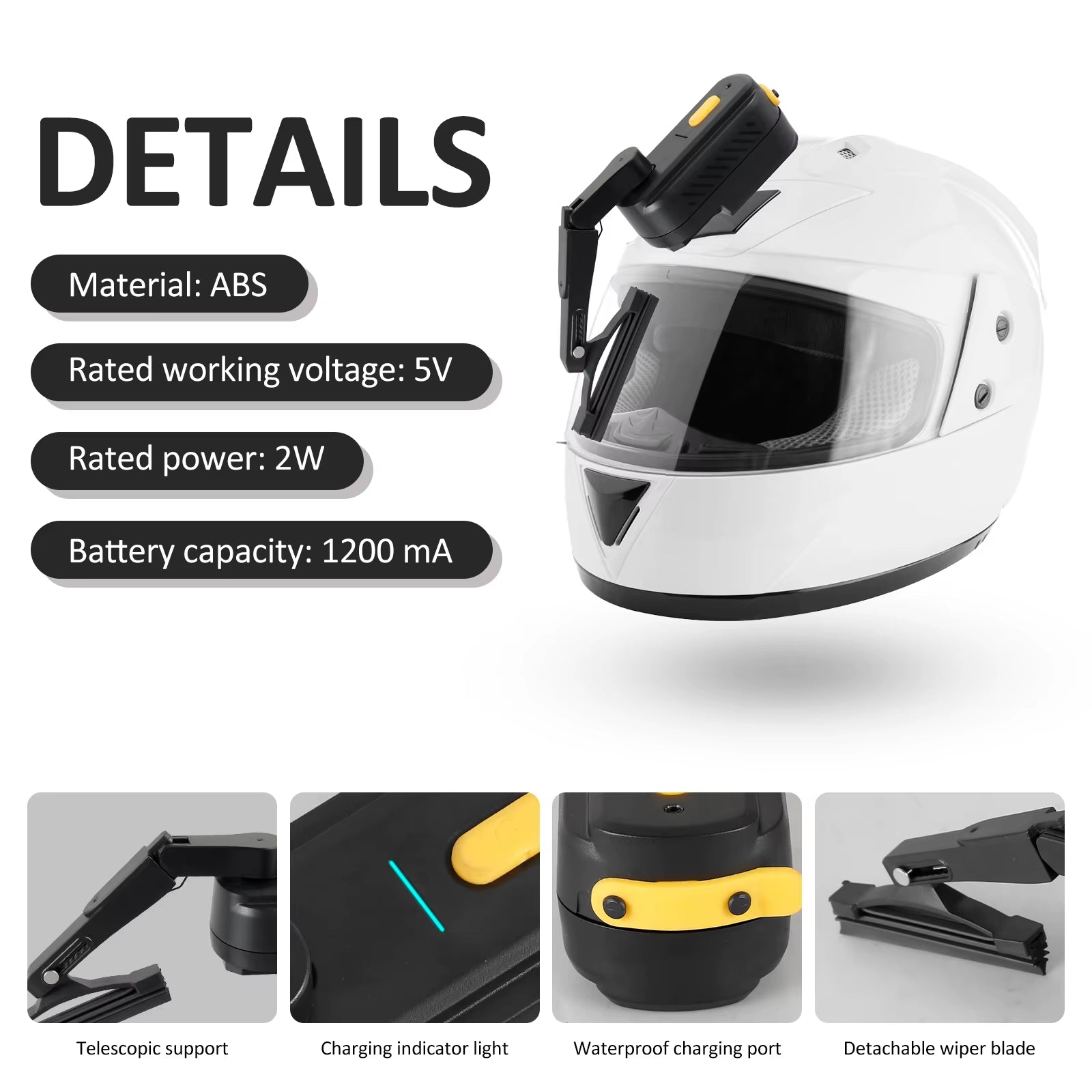 Helmet Automatic Wiper ABS Universal Waterproof Helmet Wiper 1200Mah Rechargeable Motorcycle Helmet Windshield Wiper