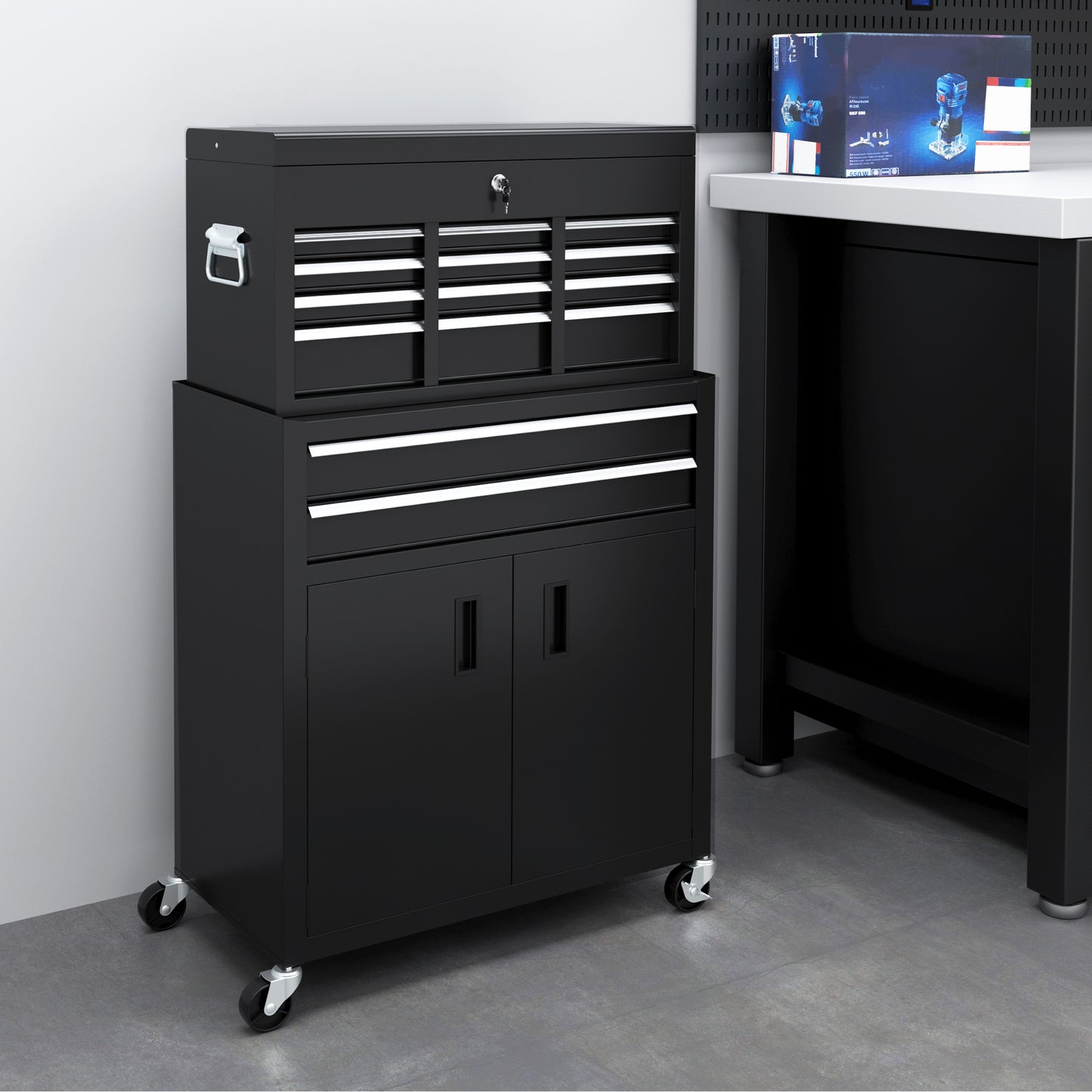 HOMCOM Portable Tool Box, Metal Tool Chest on Wheels with 6 Drawers for Garage and Workshop in Black