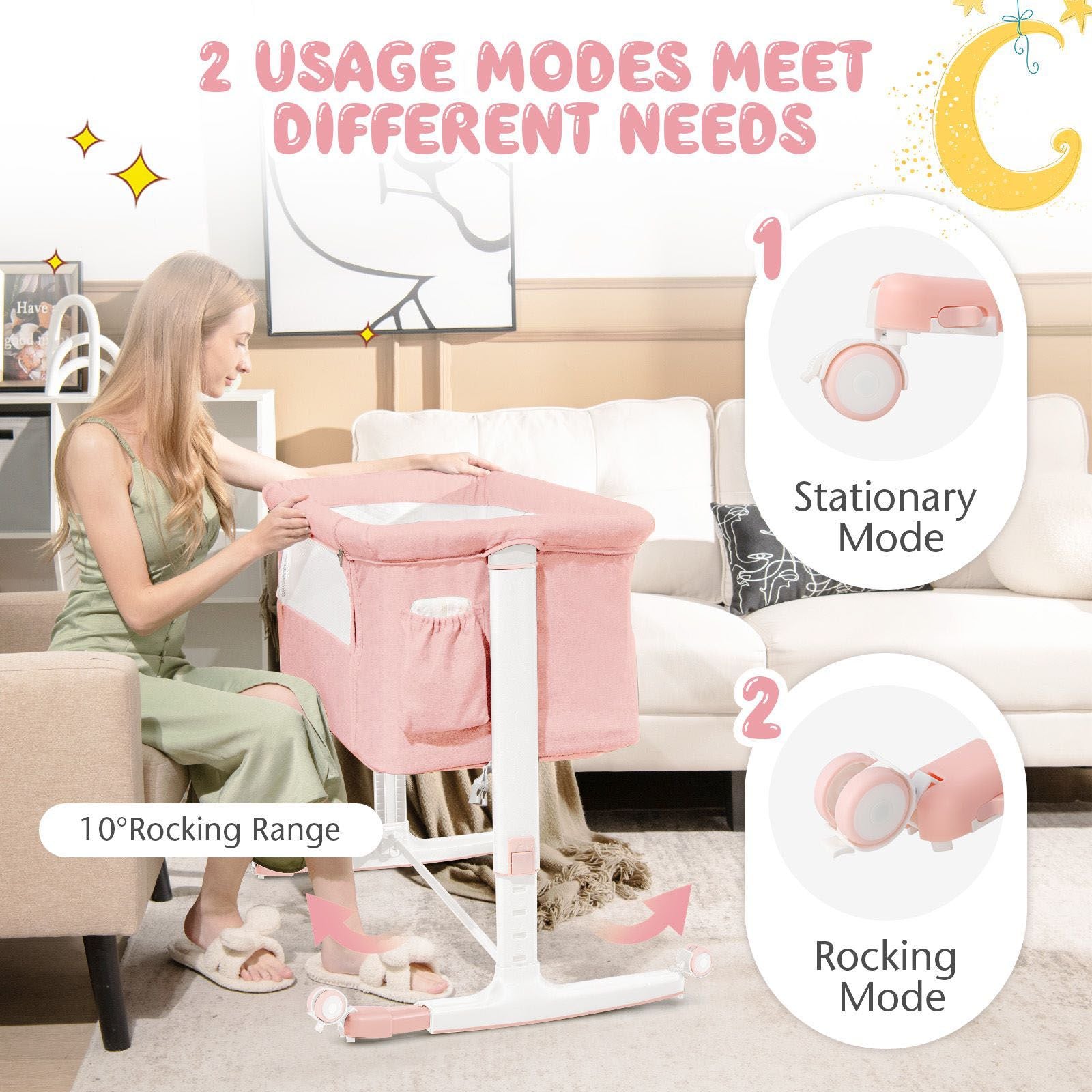 3-In-1 Adjustable Baby Bedside Bassinet with Mattress